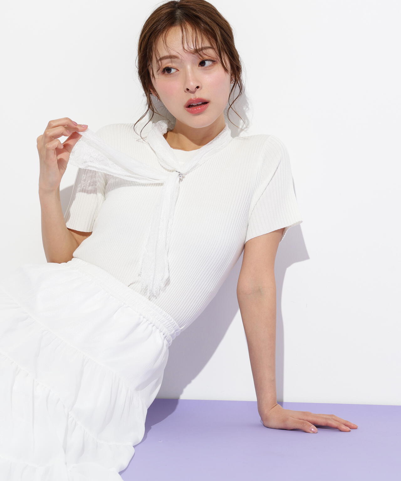 レーススカーフ付ニットトップス