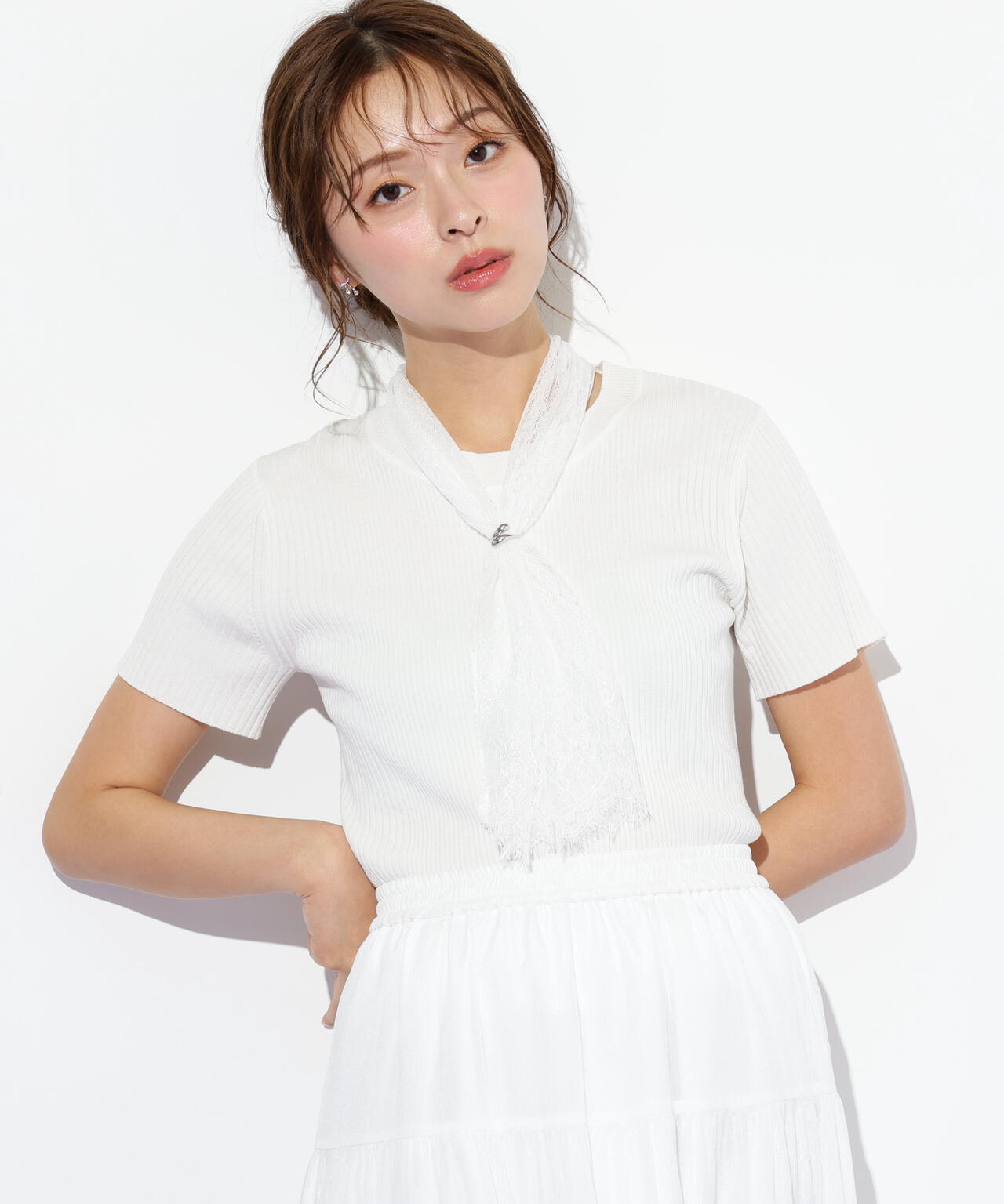 レーススカーフ付ニットトップス