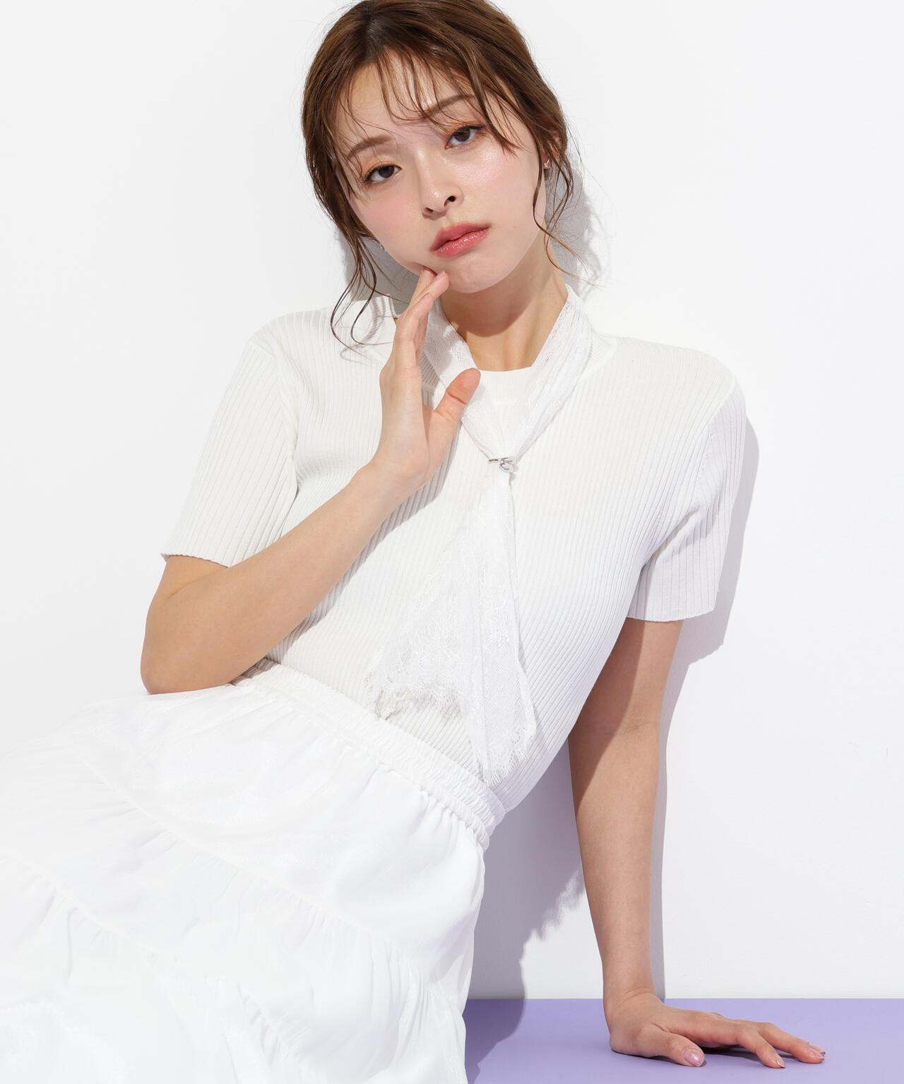 レーススカーフ付ニットトップス