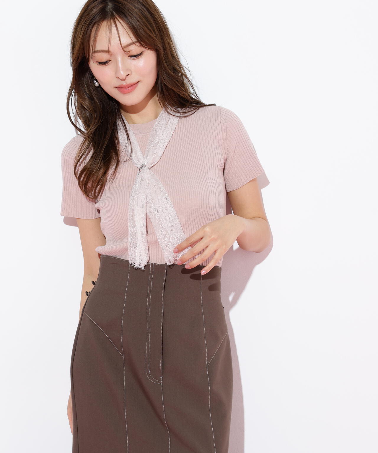 レーススカーフ付ニットトップス