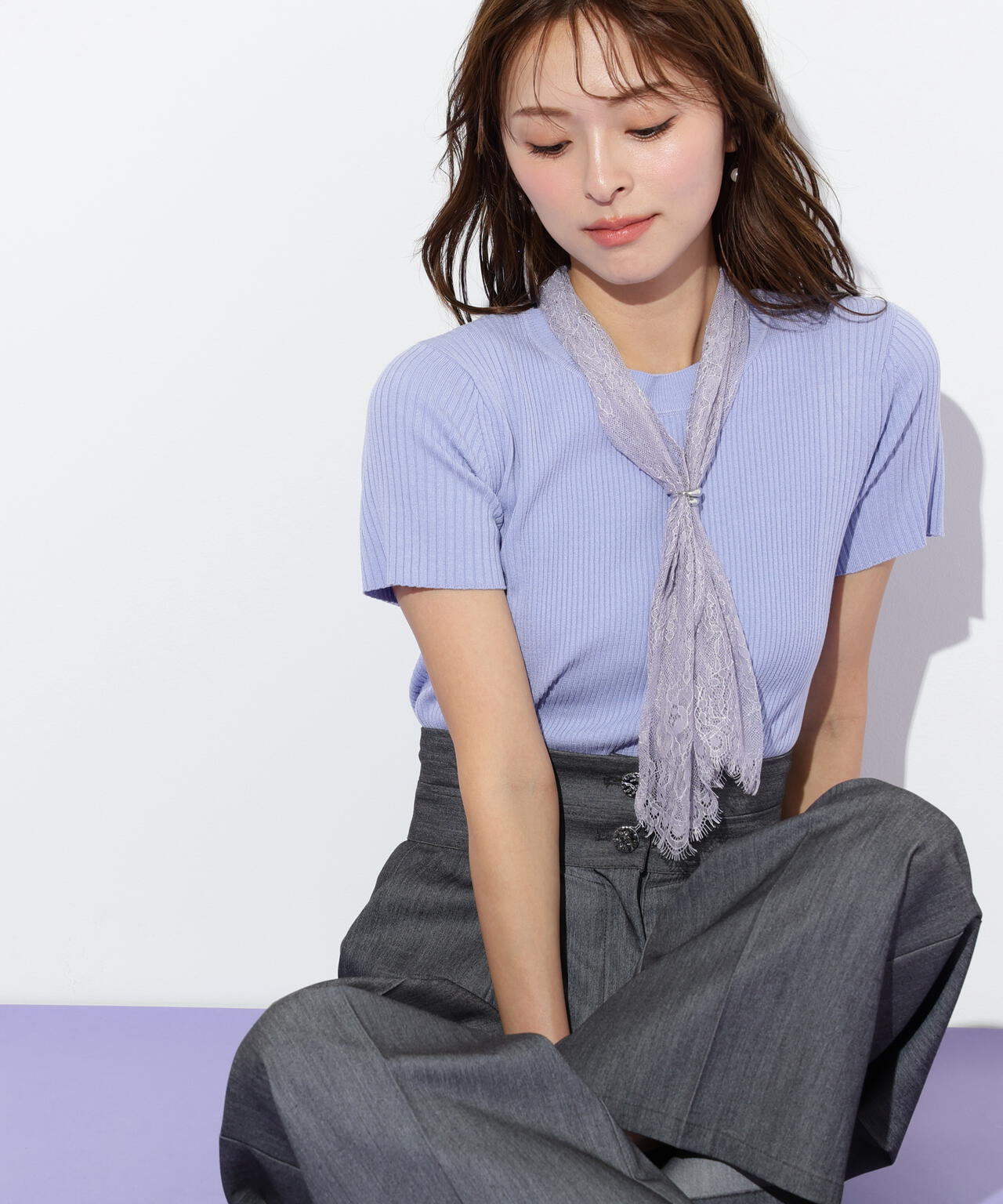 レーススカーフ付ニットトップス