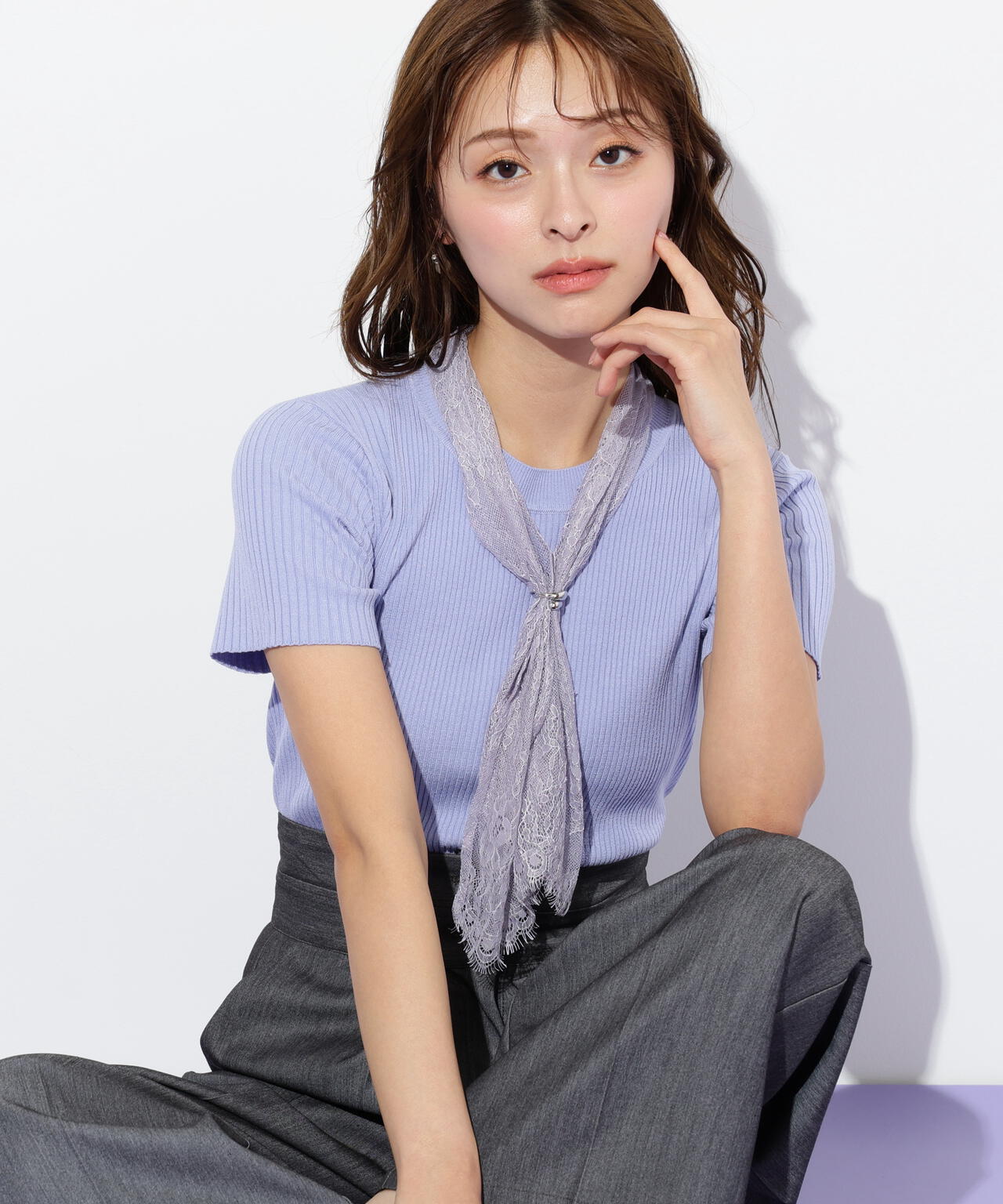 レーススカーフ付ニットトップス