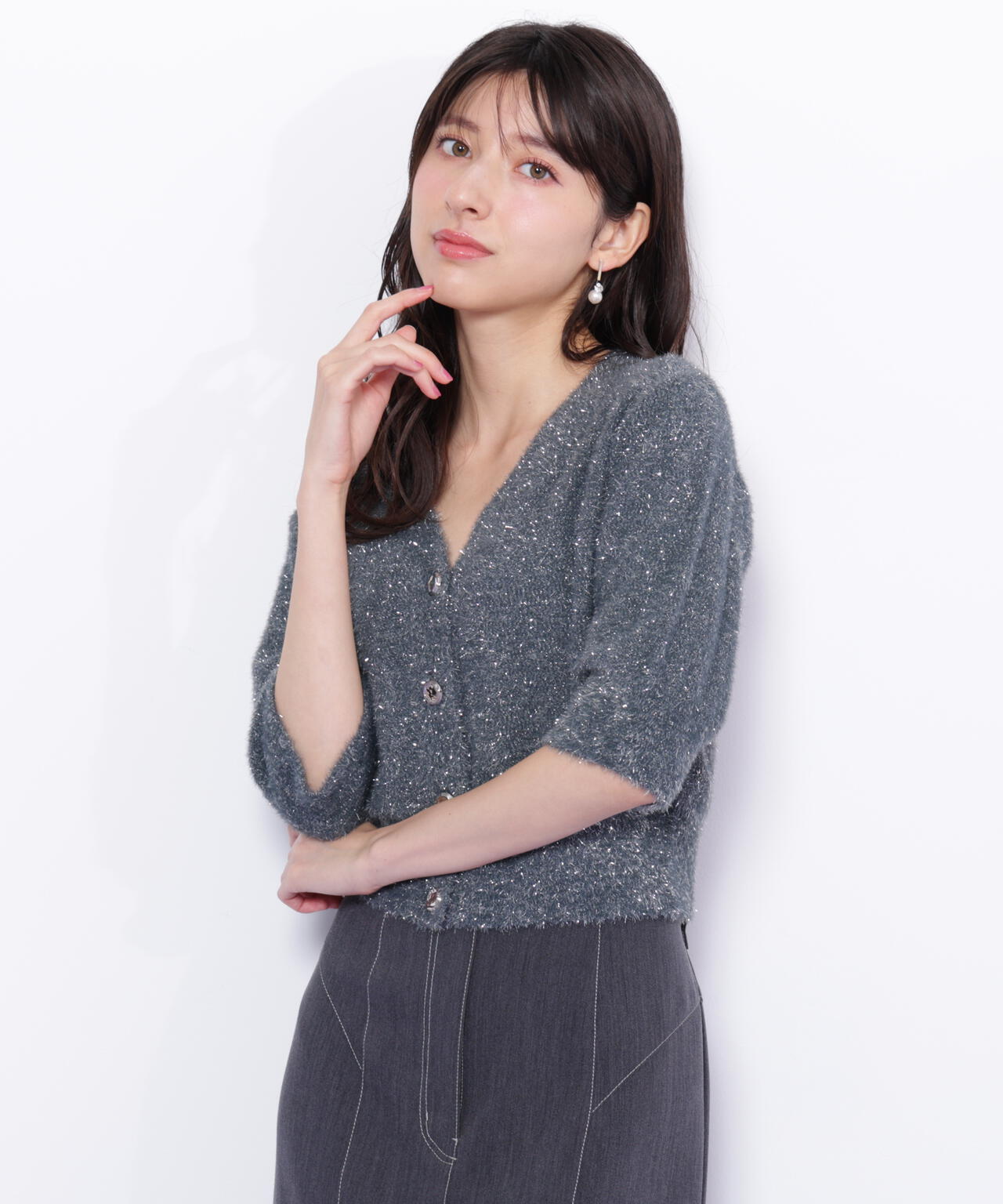 ラメフェザー半袖カーディガン