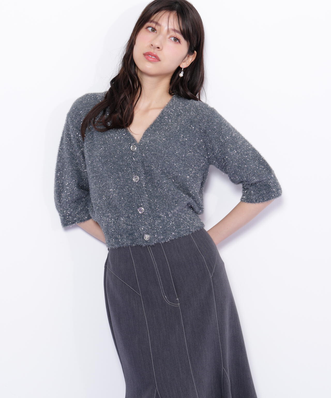 ラメフェザー半袖カーディガン
