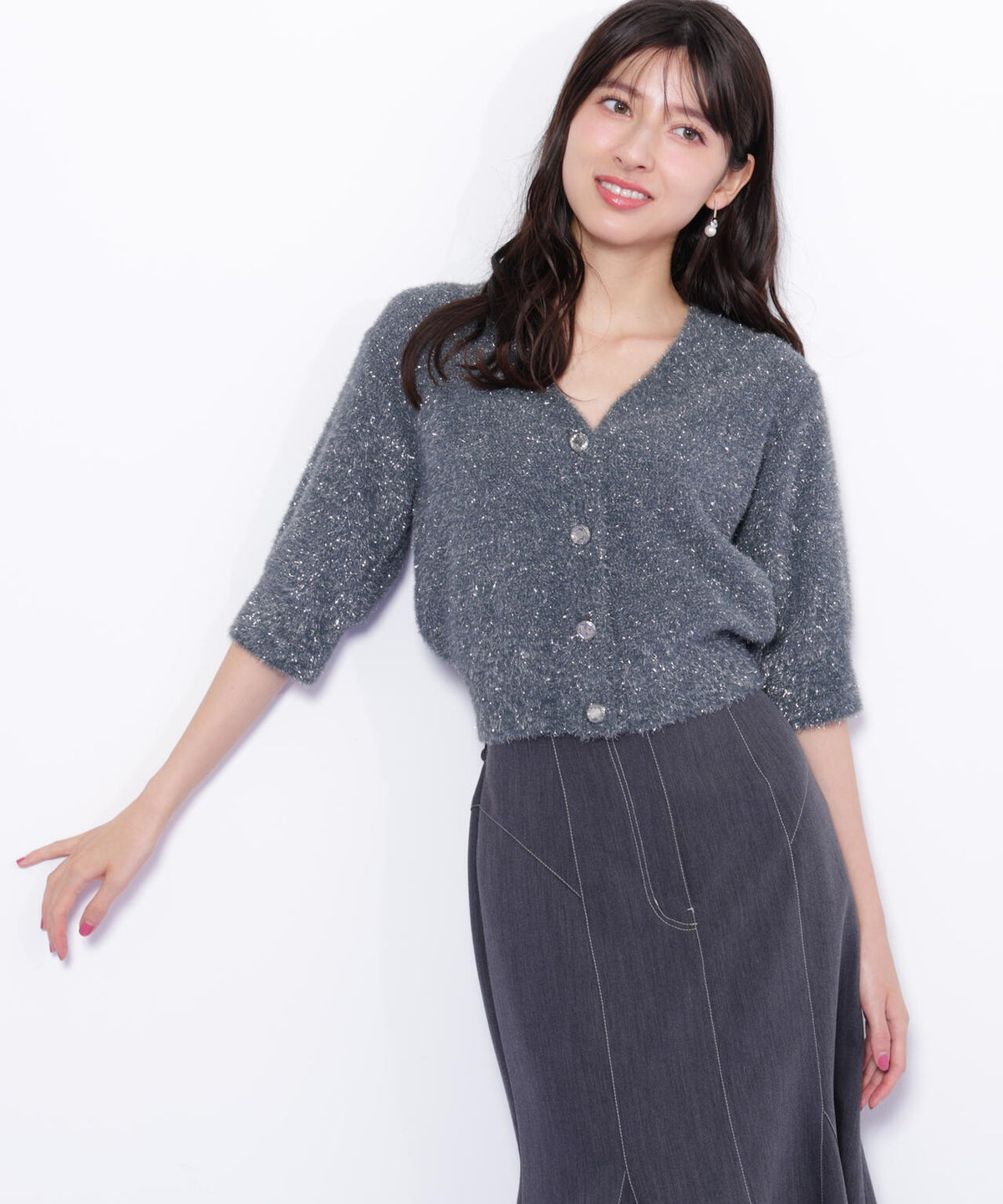 ラメフェザー半袖カーディガン