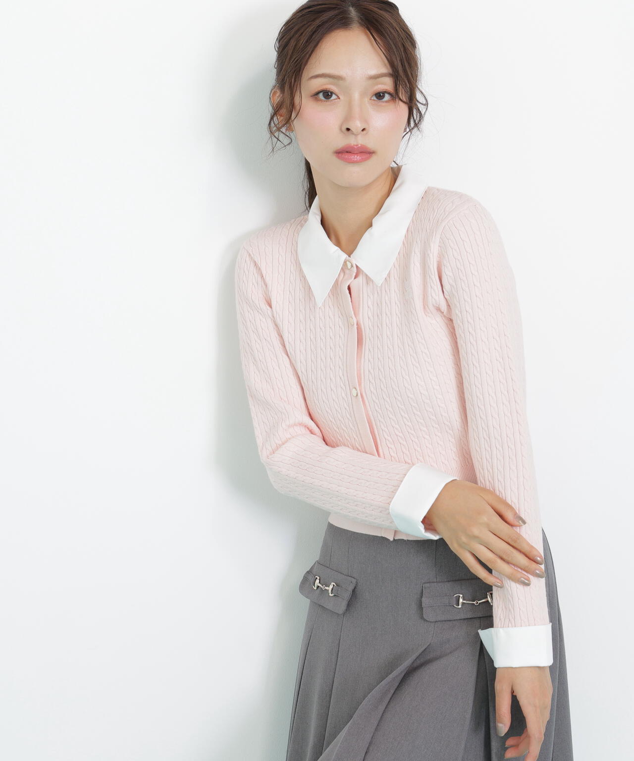 衿付きミニケーブルカーディガン