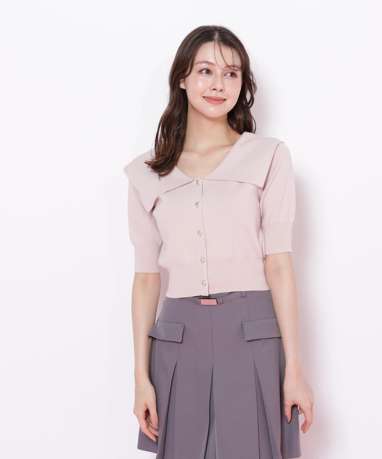 半袖ビッグカラーデザイン釦ニット