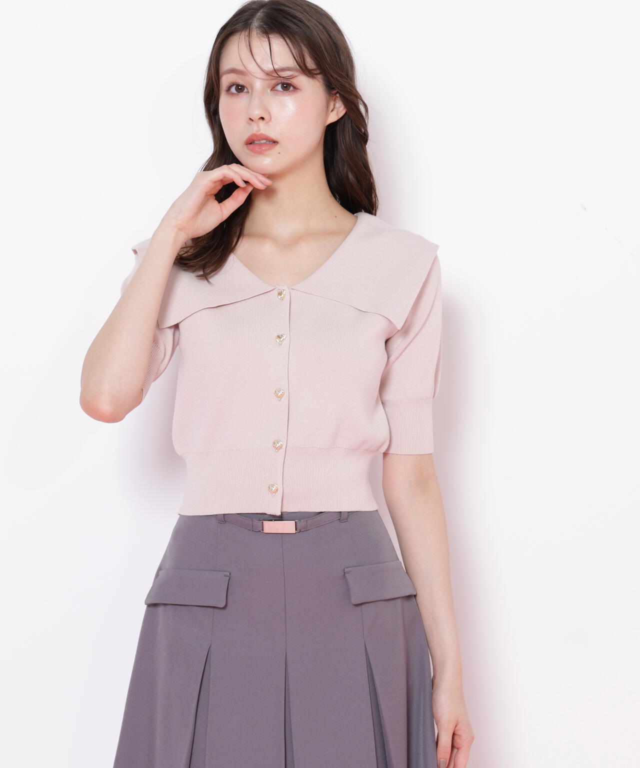 半袖ビッグカラーデザイン釦ニット