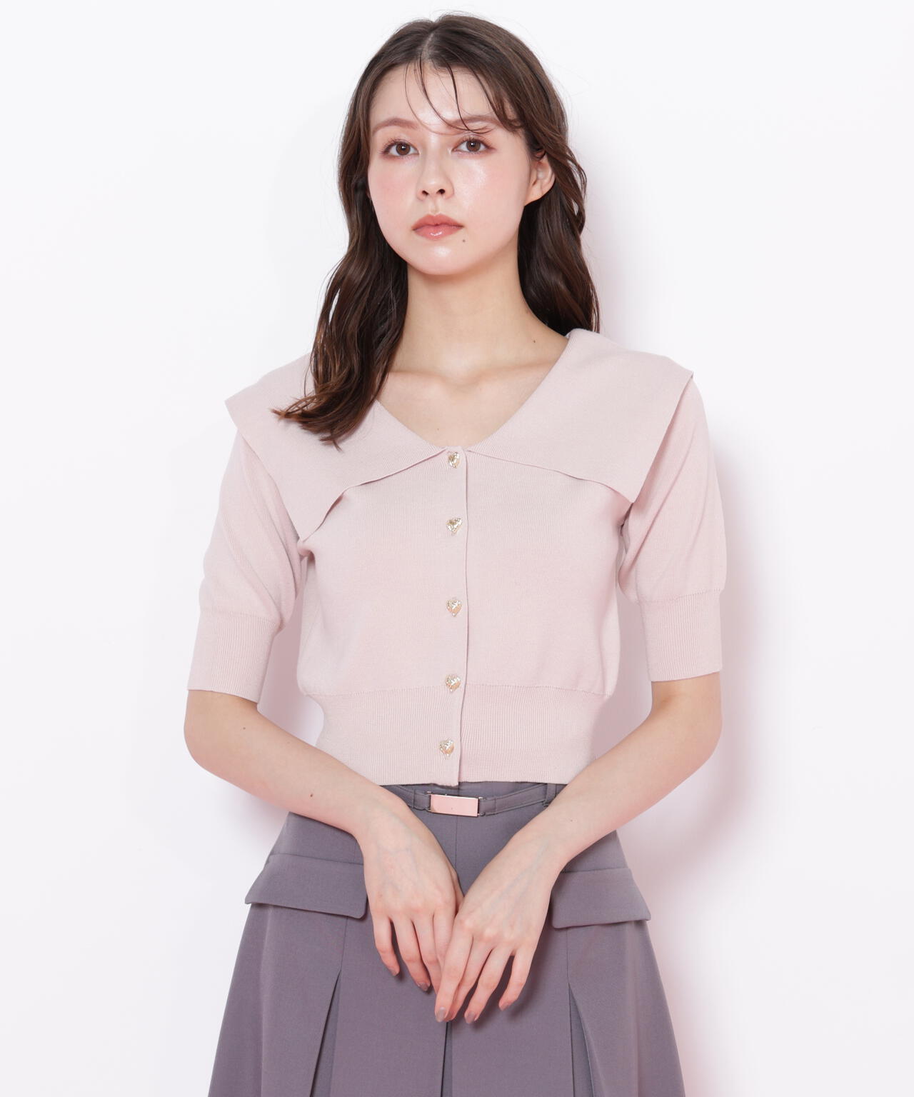 半袖ビッグカラーデザイン釦ニット