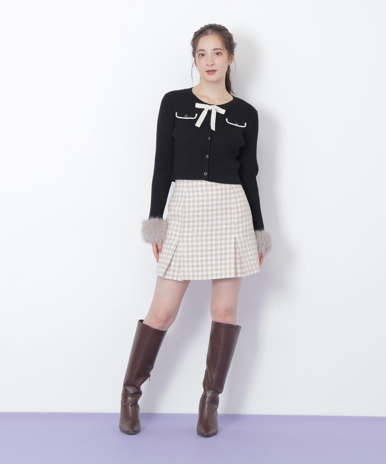 袖フェイクファーカーデトップス