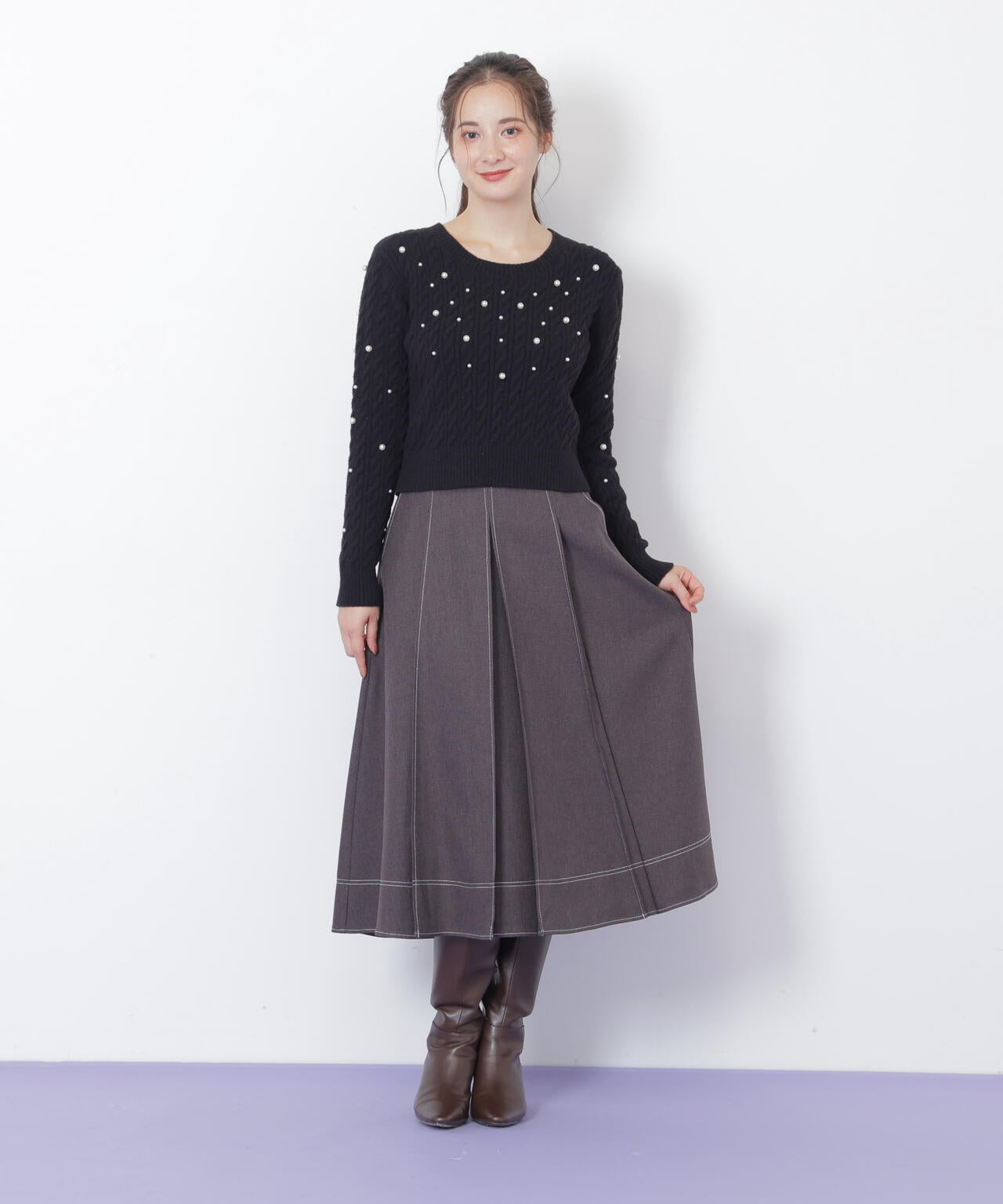 ランダムパールミニケーブルニット