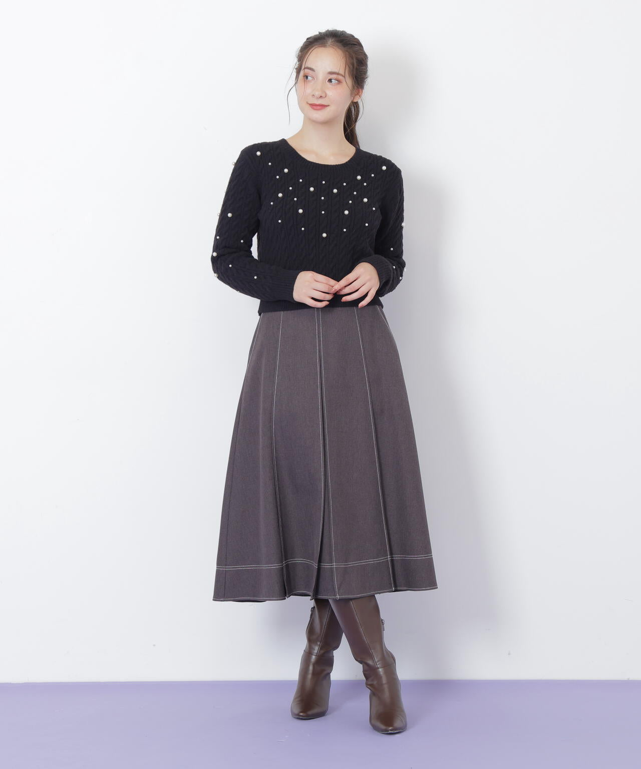 ランダムパールミニケーブルニット