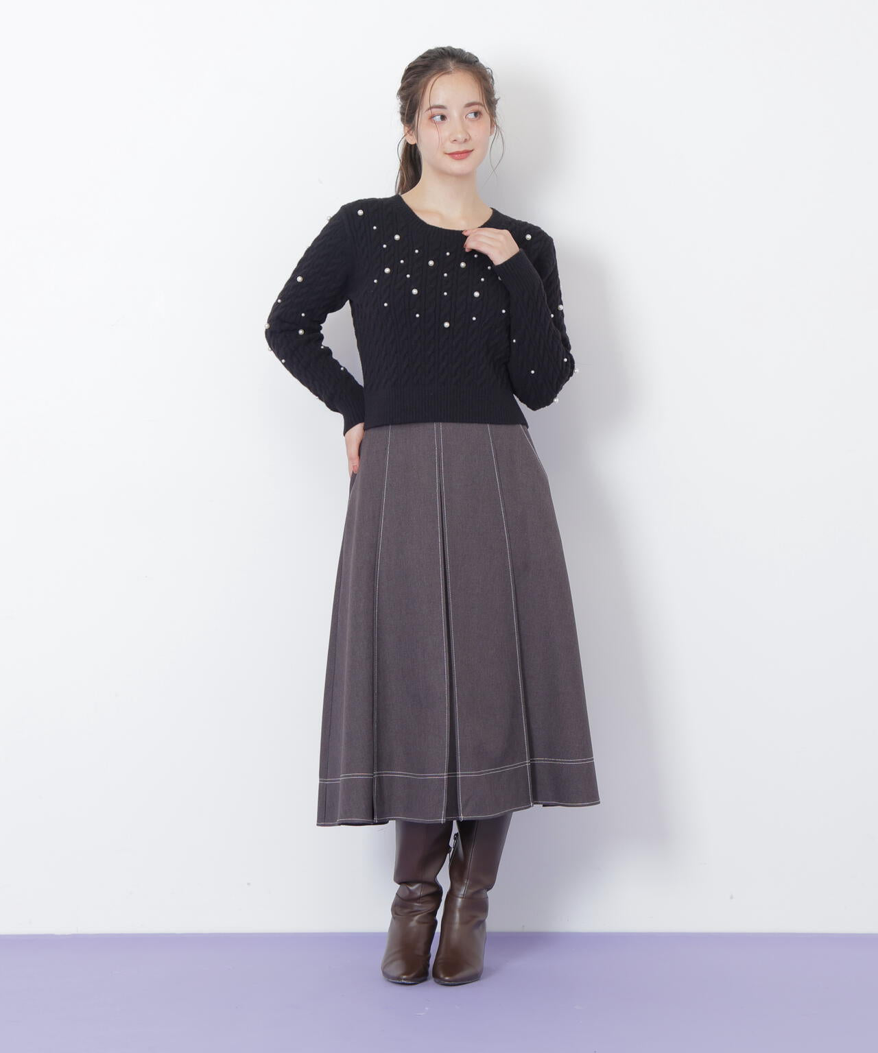 ランダムパールミニケーブルニット