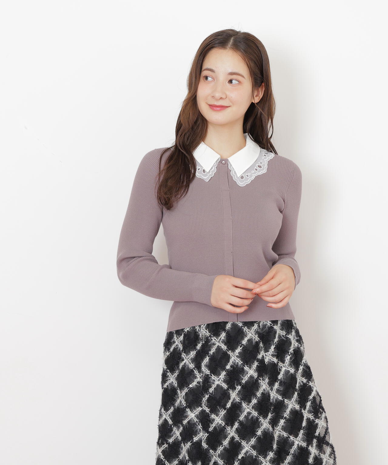 レース衿レイヤードニット