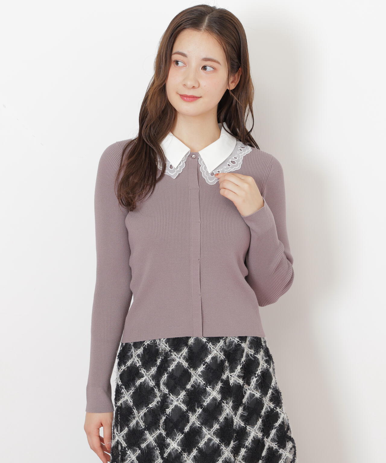 レース衿レイヤードニット