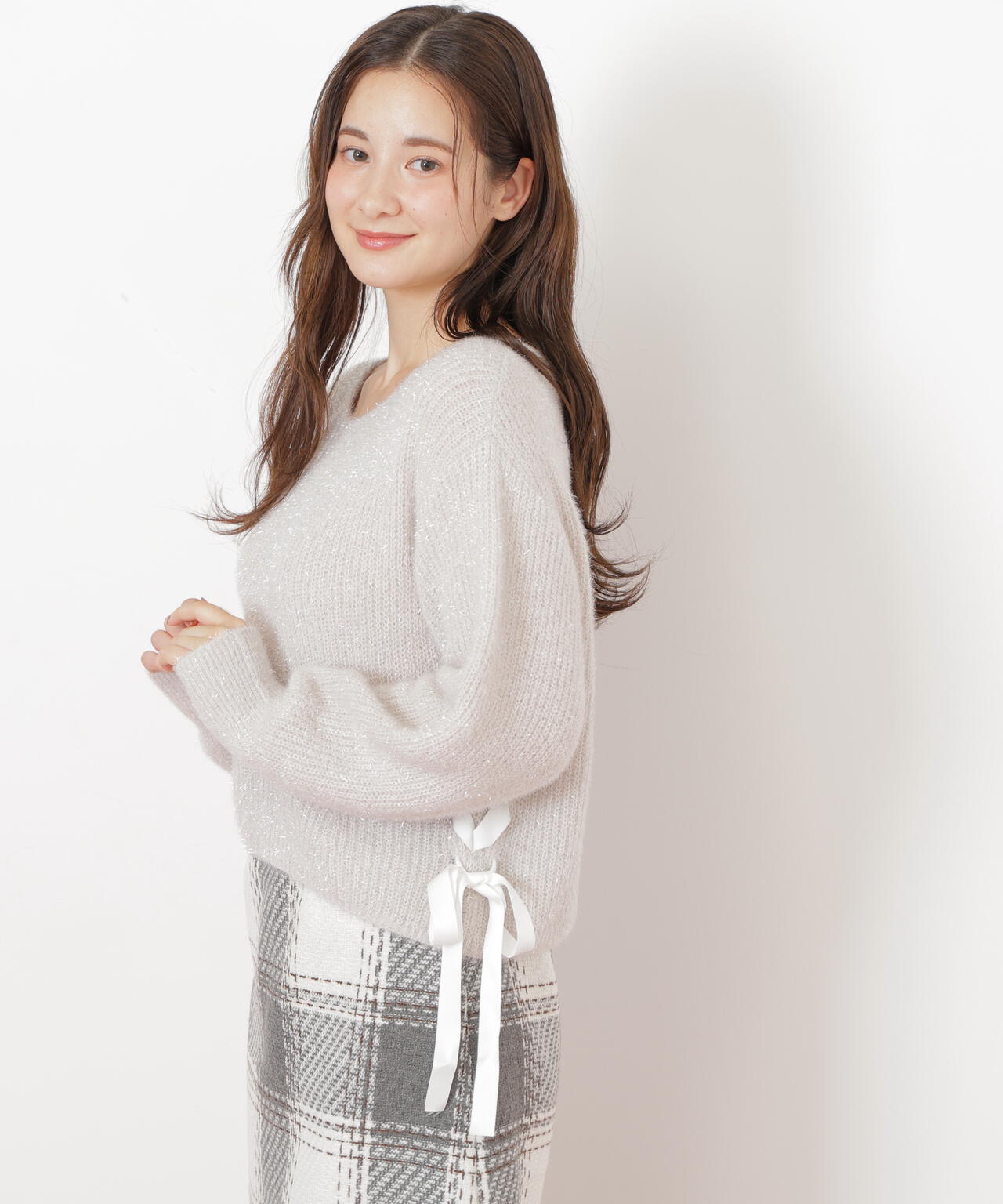 サイドリボンフィルムフェザーニット