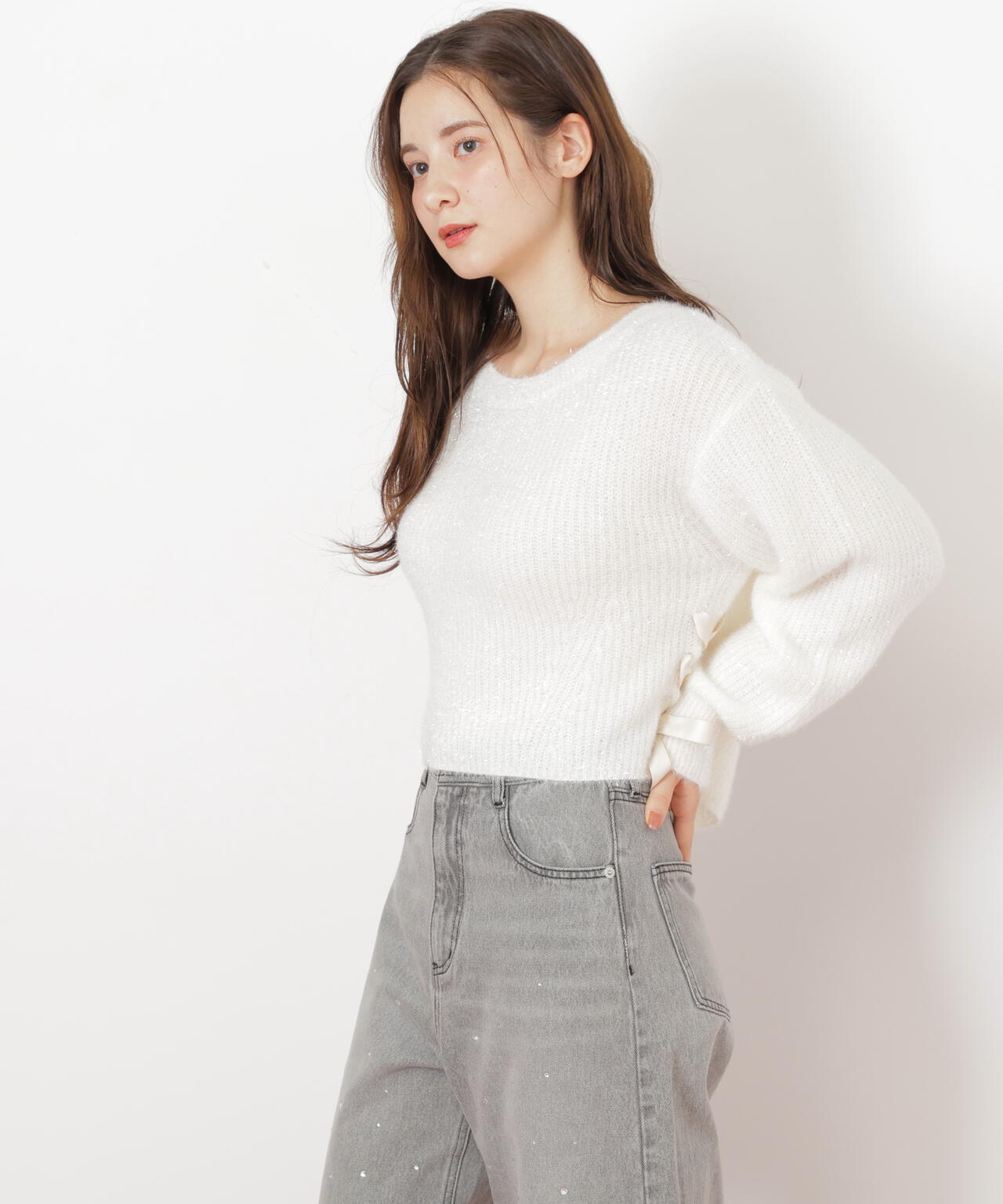 サイドリボンフィルムフェザーニット