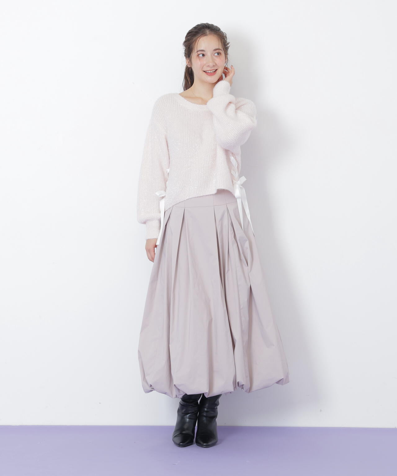 サイドリボンフィルムフェザーニット