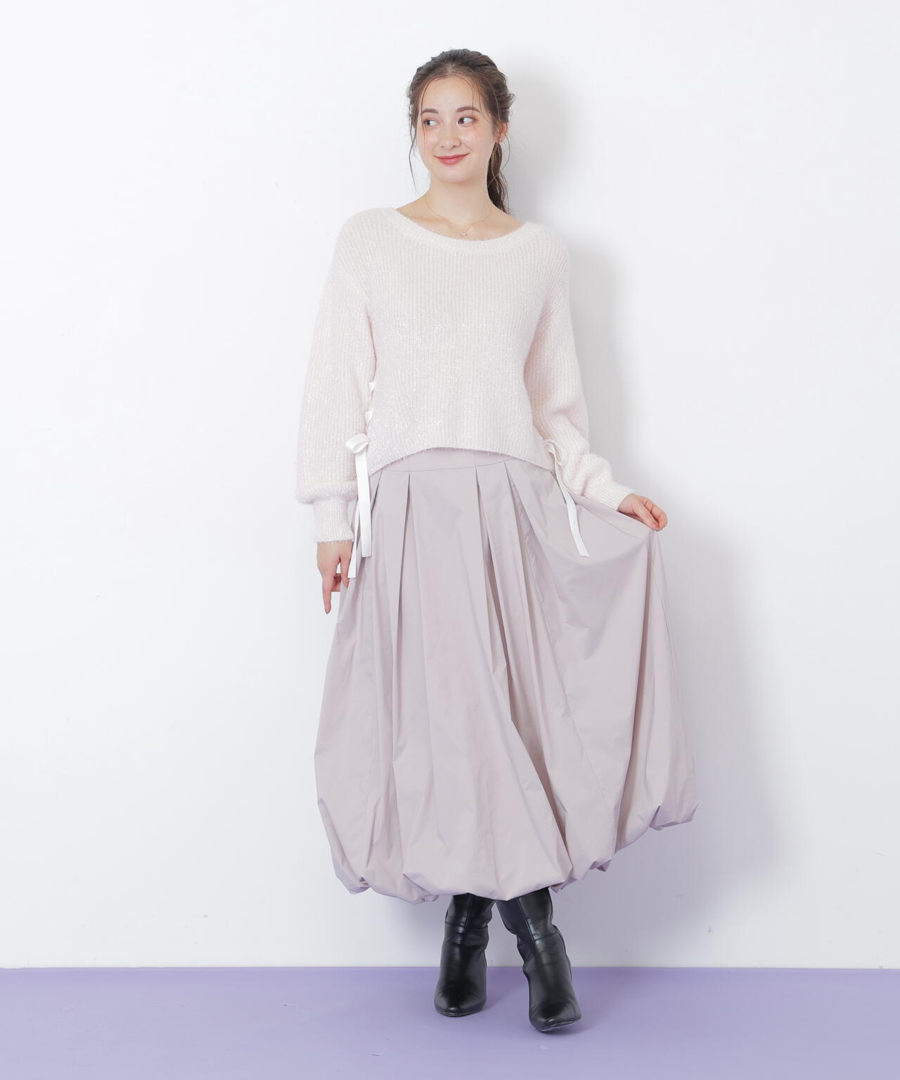 サイドリボンフィルムフェザーニット