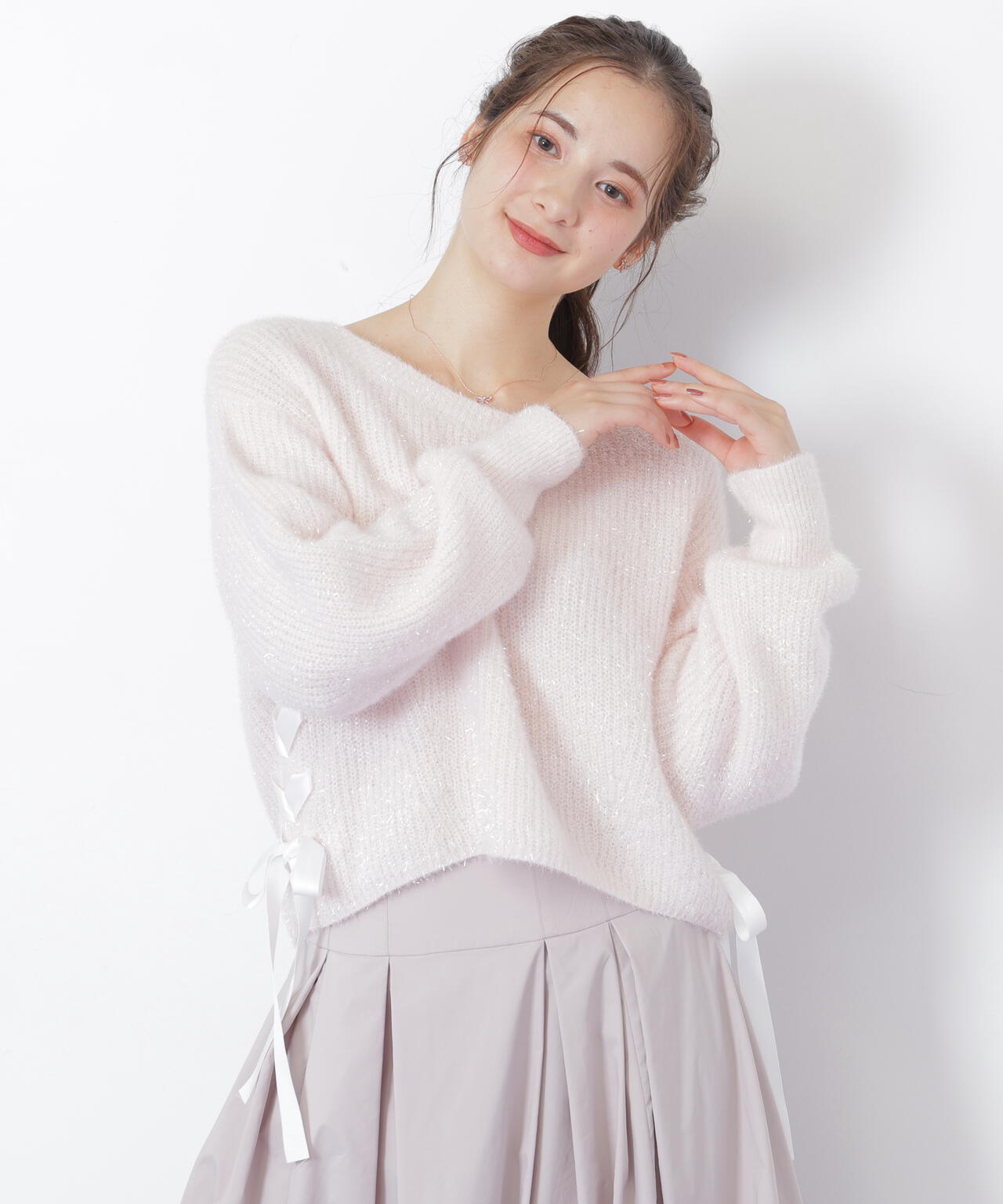 サイドリボンフィルムフェザーニット