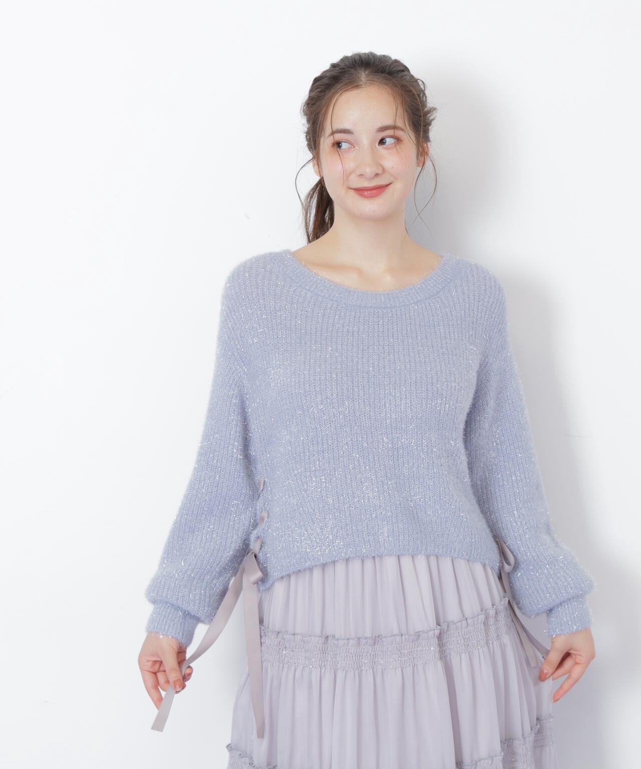 サイドリボンフィルムフェザーニット