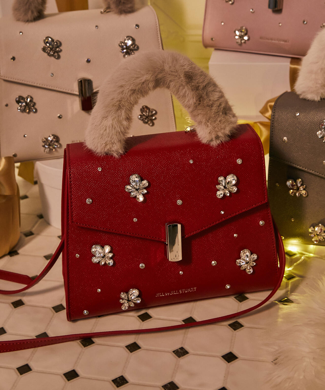 ランダムビジューファーハンドルバッグ