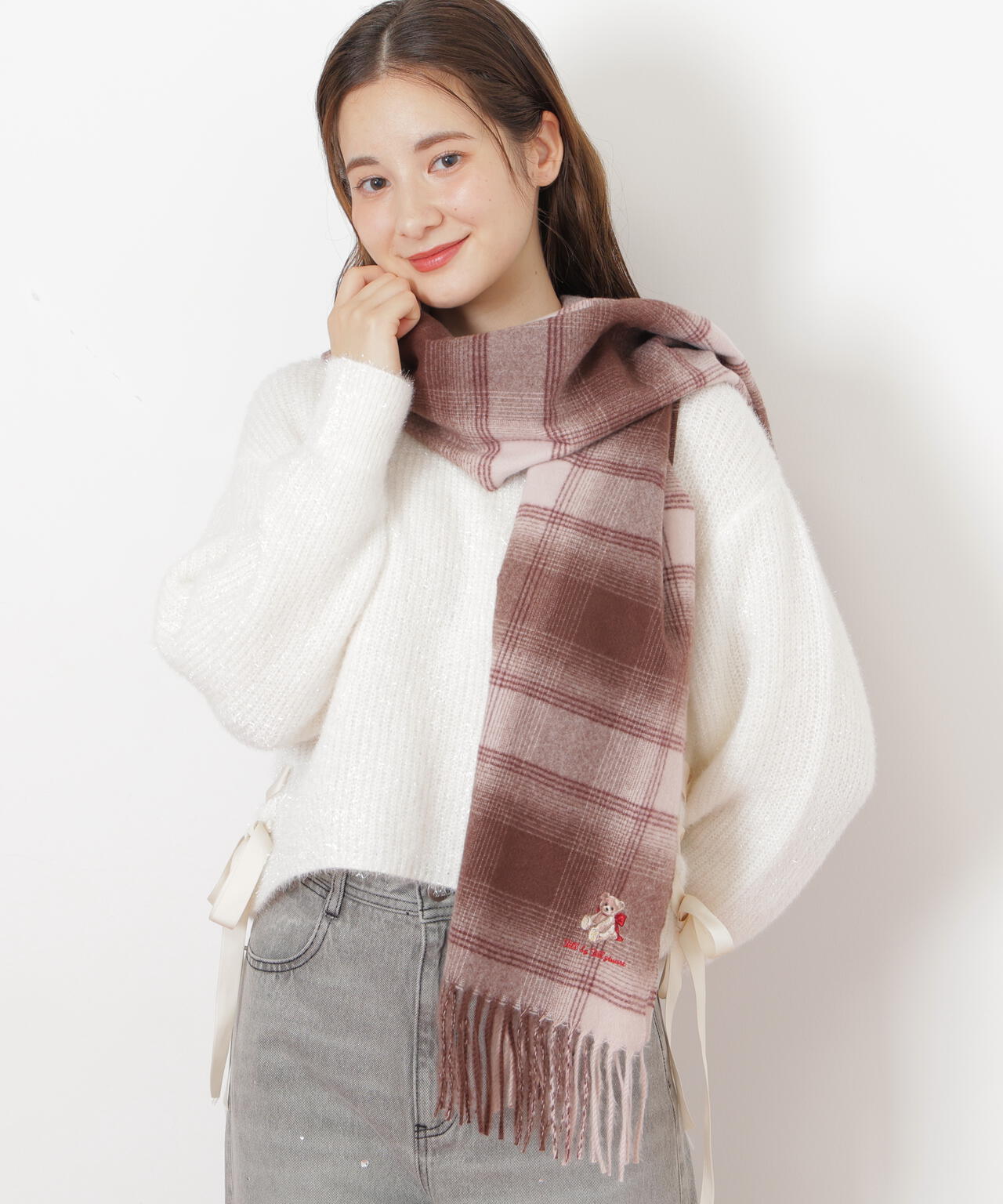 <BEARシリーズ>Holidayベア刺繍チェックストール