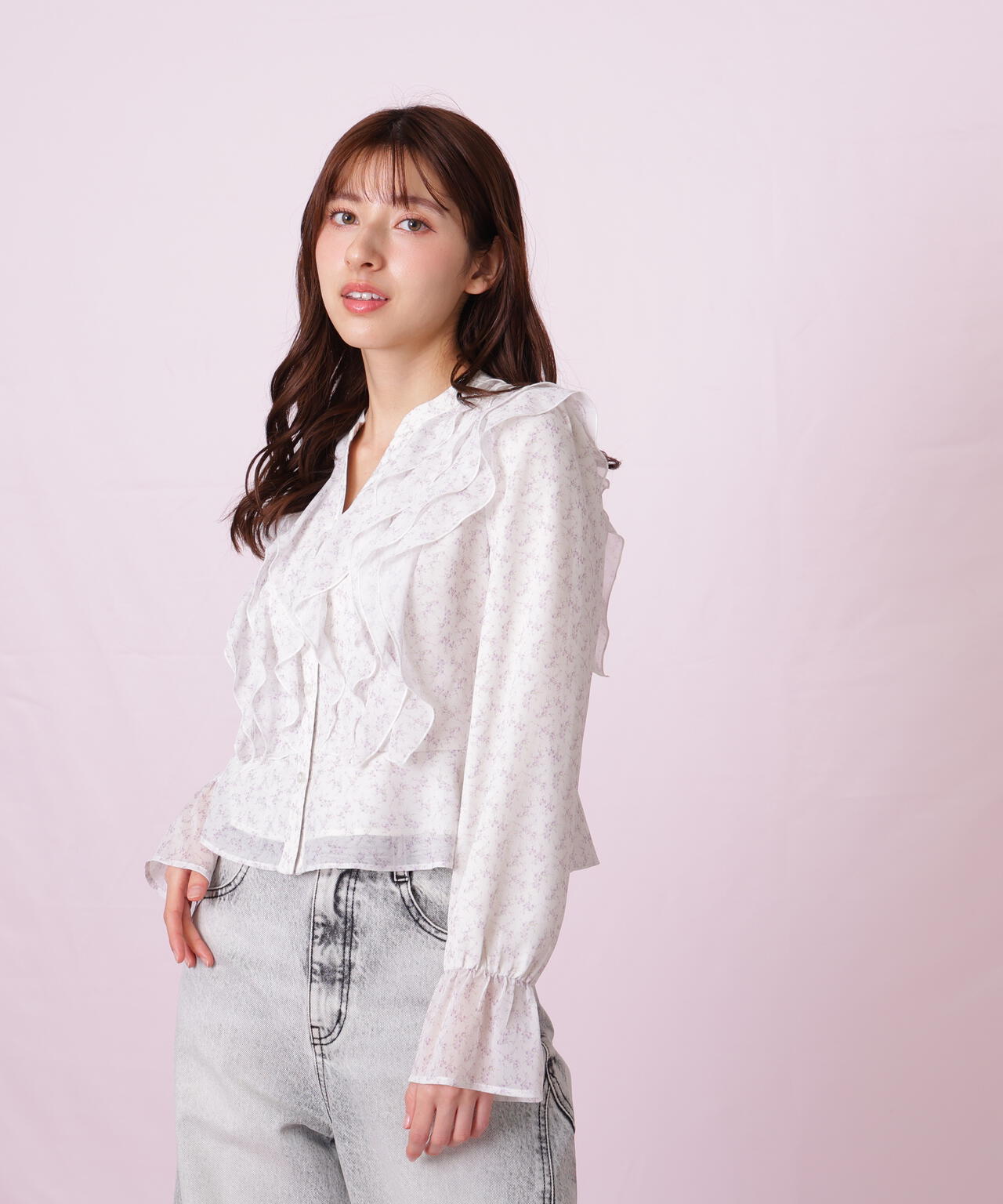 小花プリントフリルブラウス