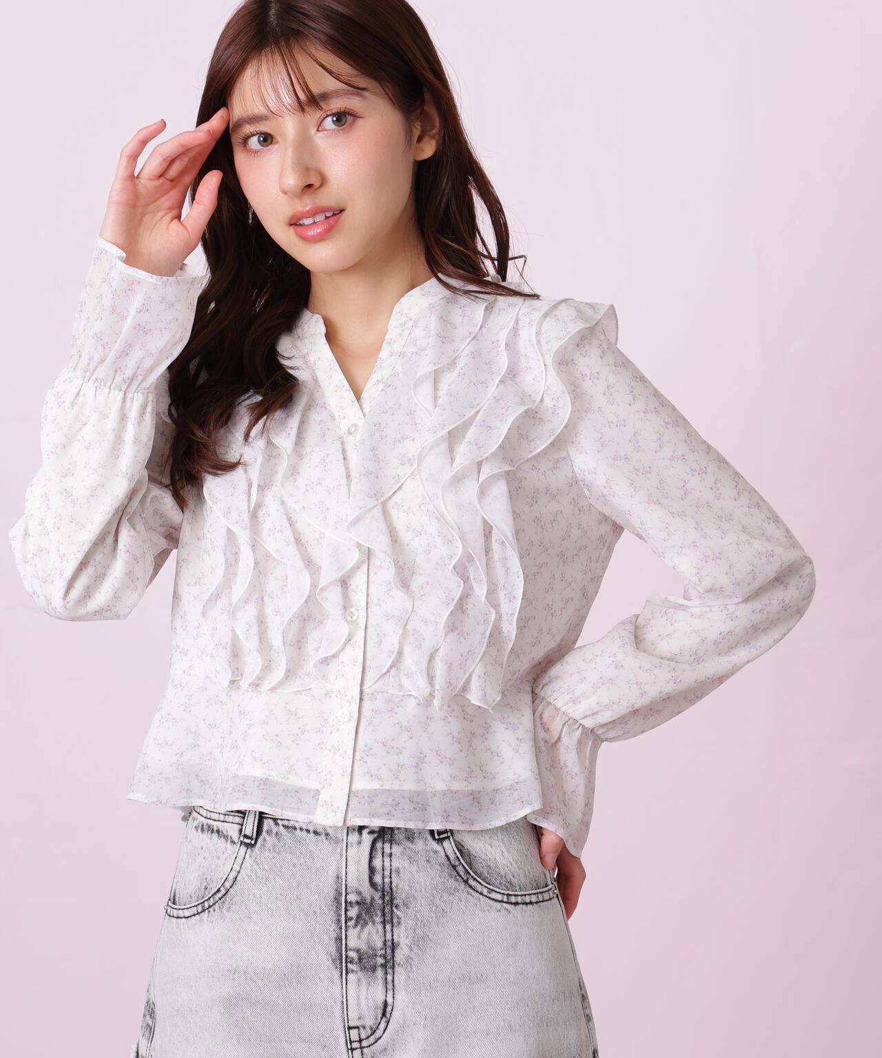 小花プリントフリルブラウス