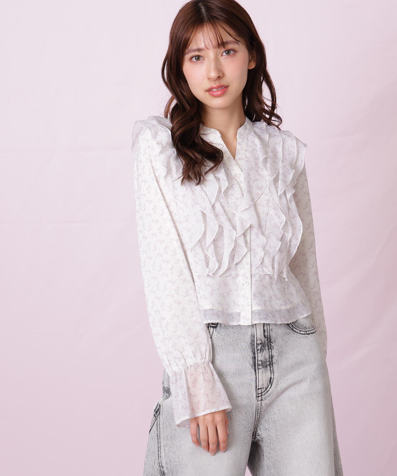 小花プリントフリルブラウス