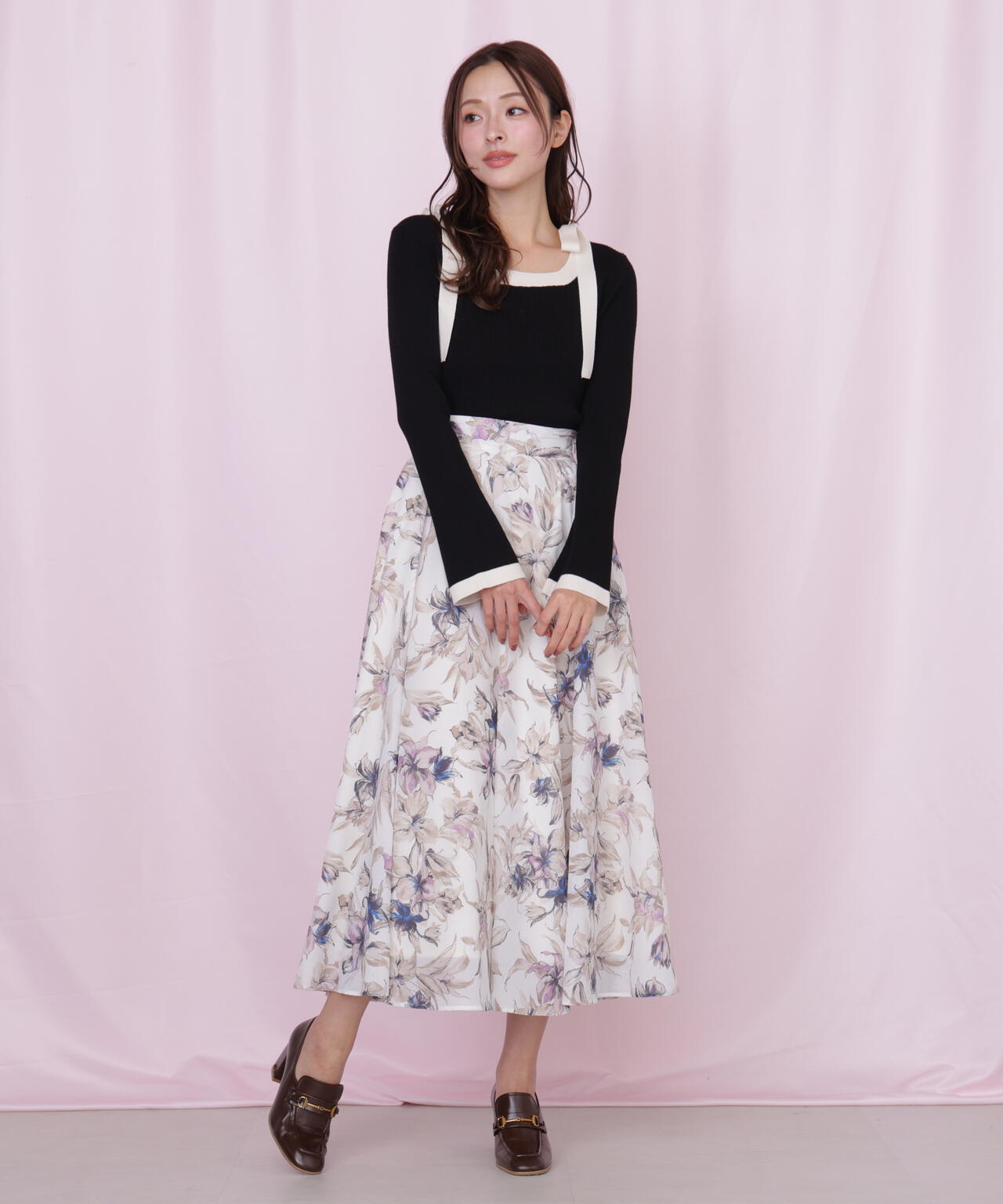 シアーアートフラワープリントスカート