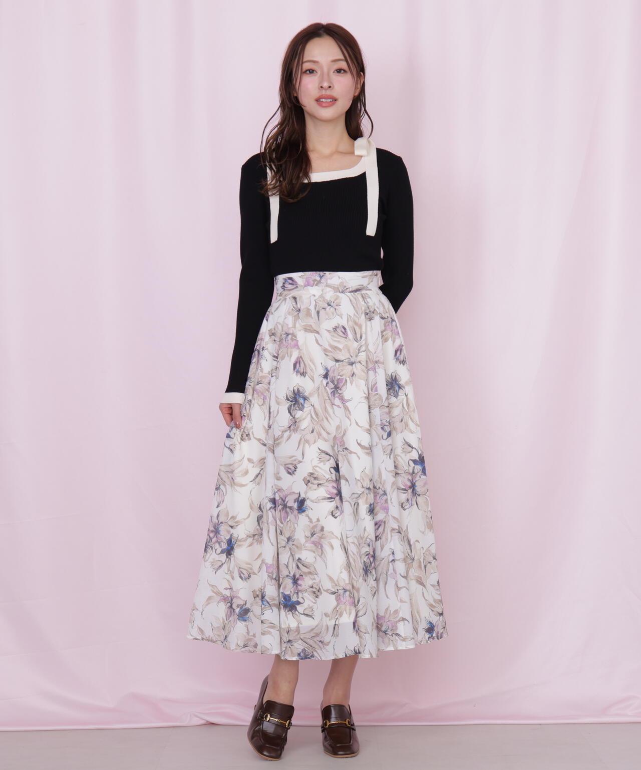 シアーアートフラワープリントスカート