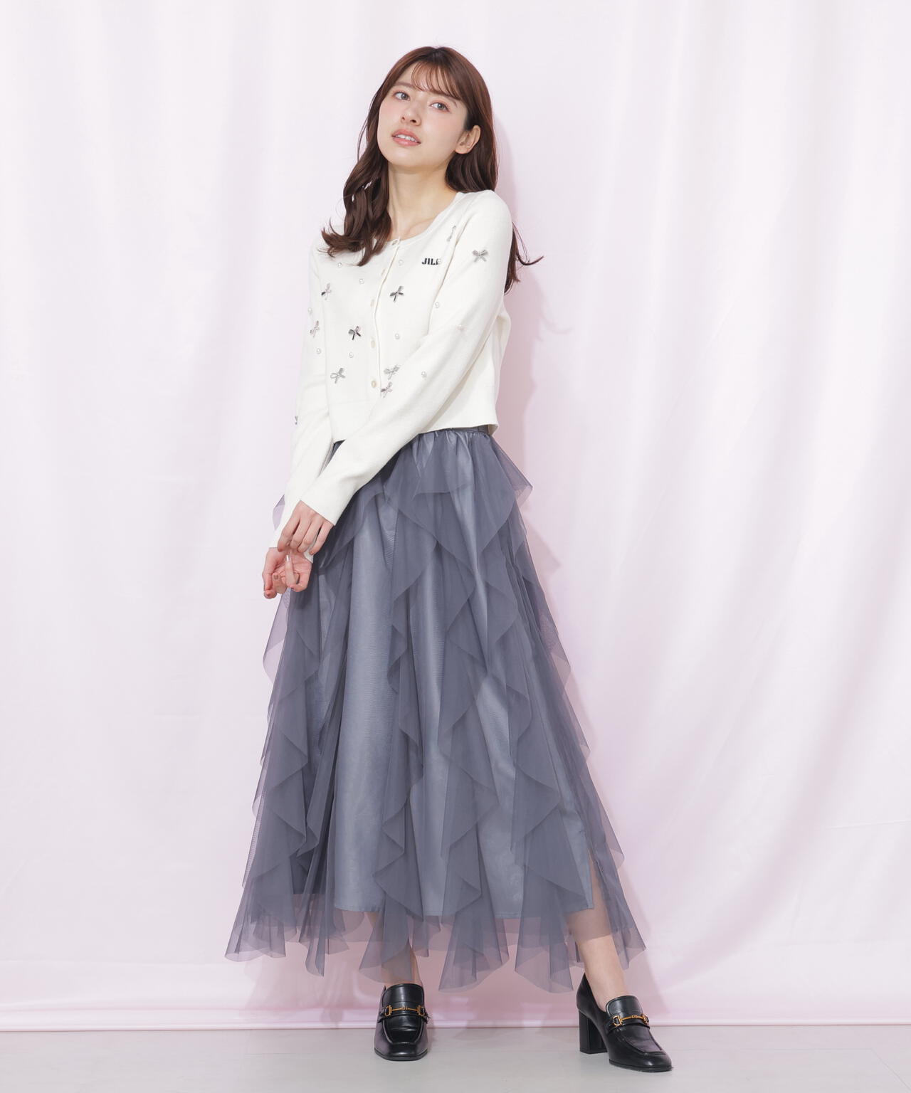 縦ラッフルチュールスカート