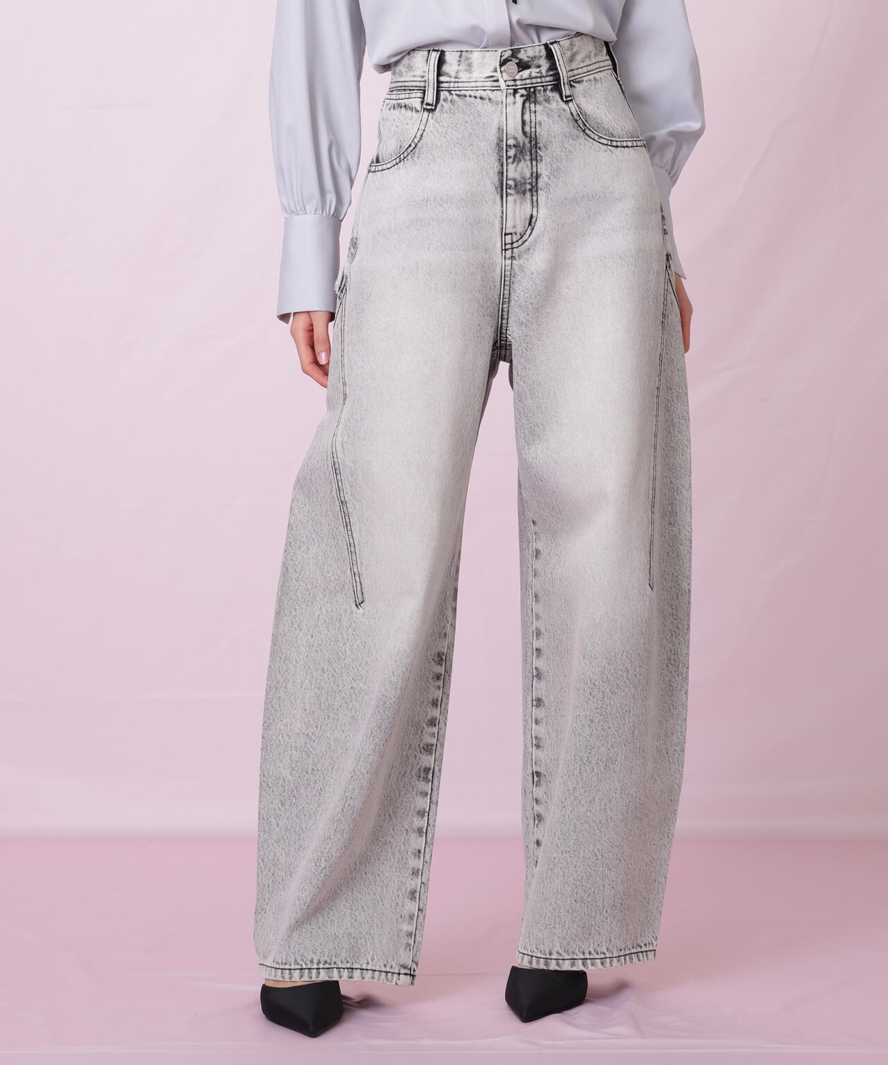 リボン加工カーブパネルデニムパンツ