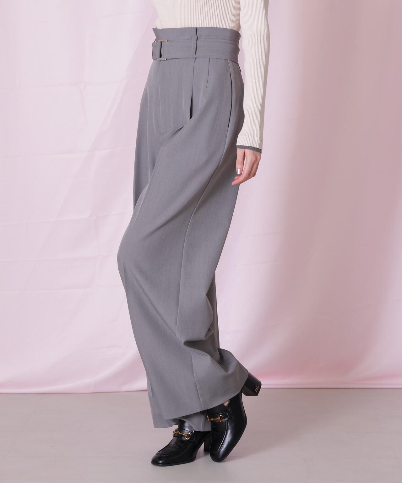 <セットアップ対応>太ベルト付きスラックスパンツ