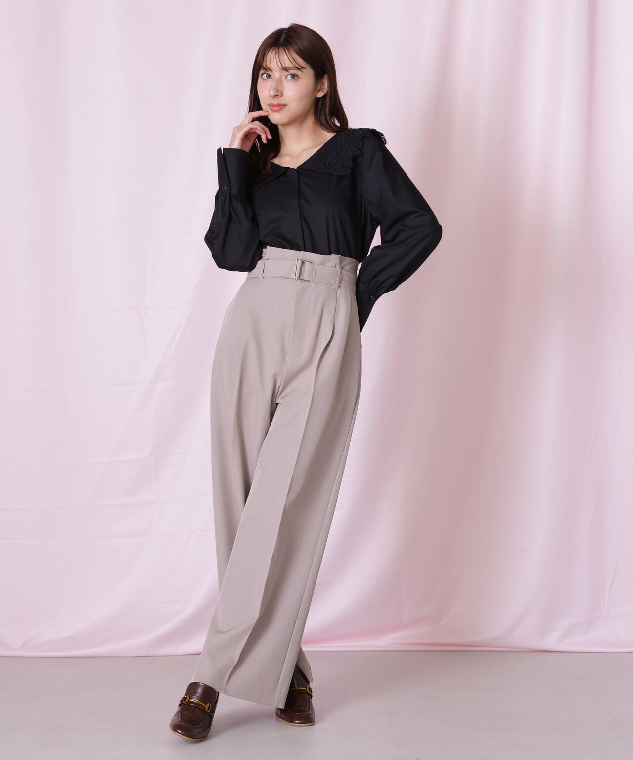 <セットアップ対応>太ベルト付きスラックスパンツ