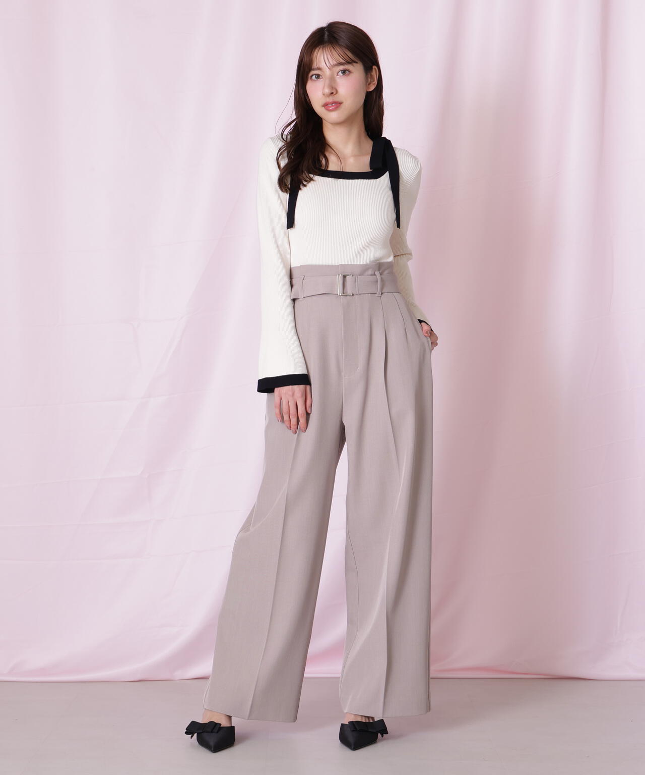 <セットアップ対応>太ベルト付きスラックスパンツ