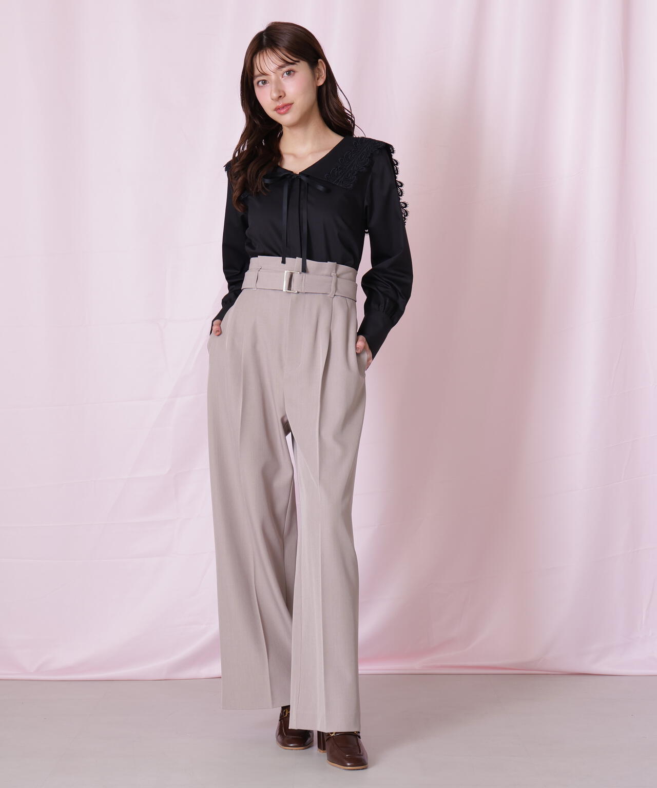 <セットアップ対応>太ベルト付きスラックスパンツ