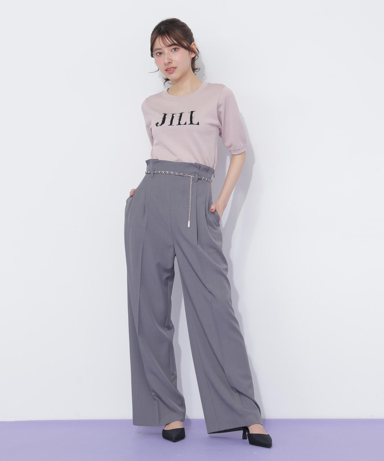 チェーンベルトタックワイドパンツ