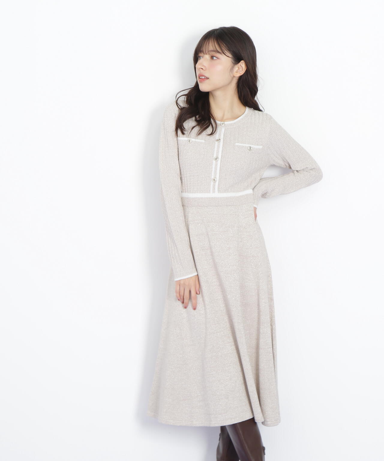 ラメツイード配色ニットワンピース