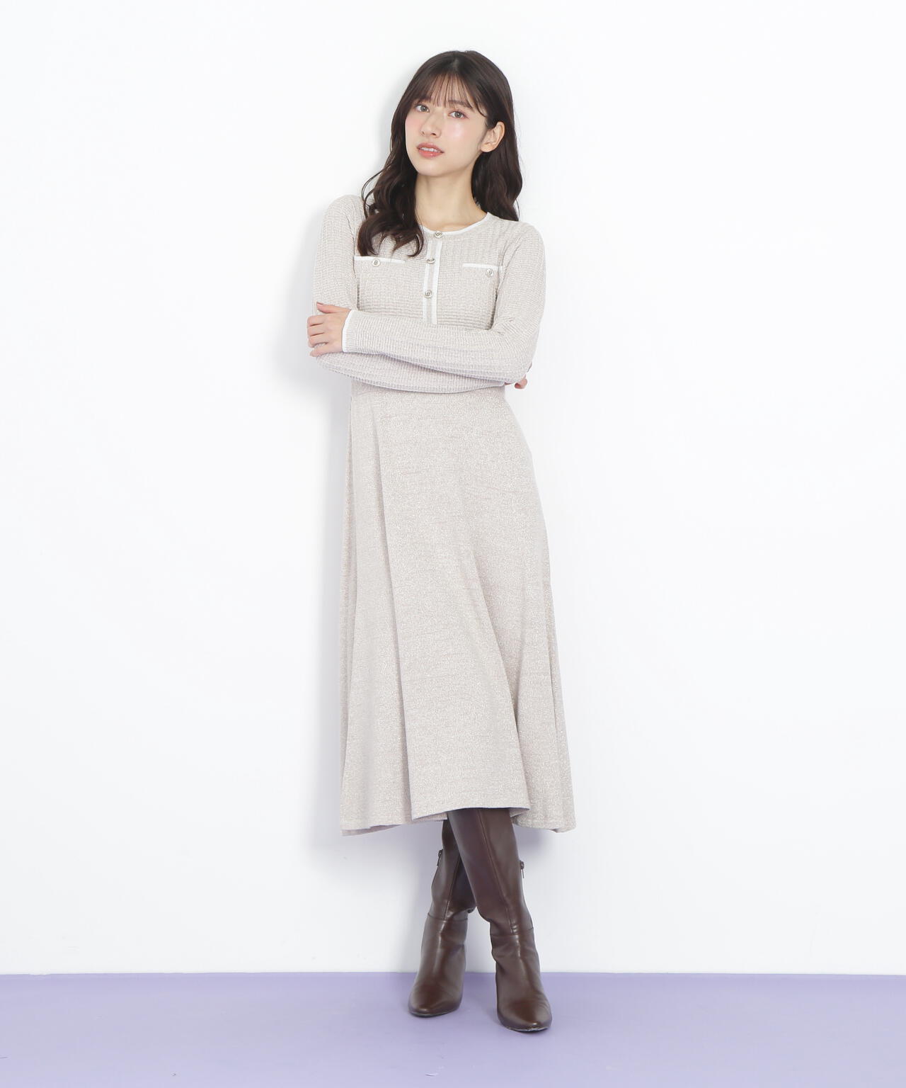 ラメツイード配色ニットワンピース