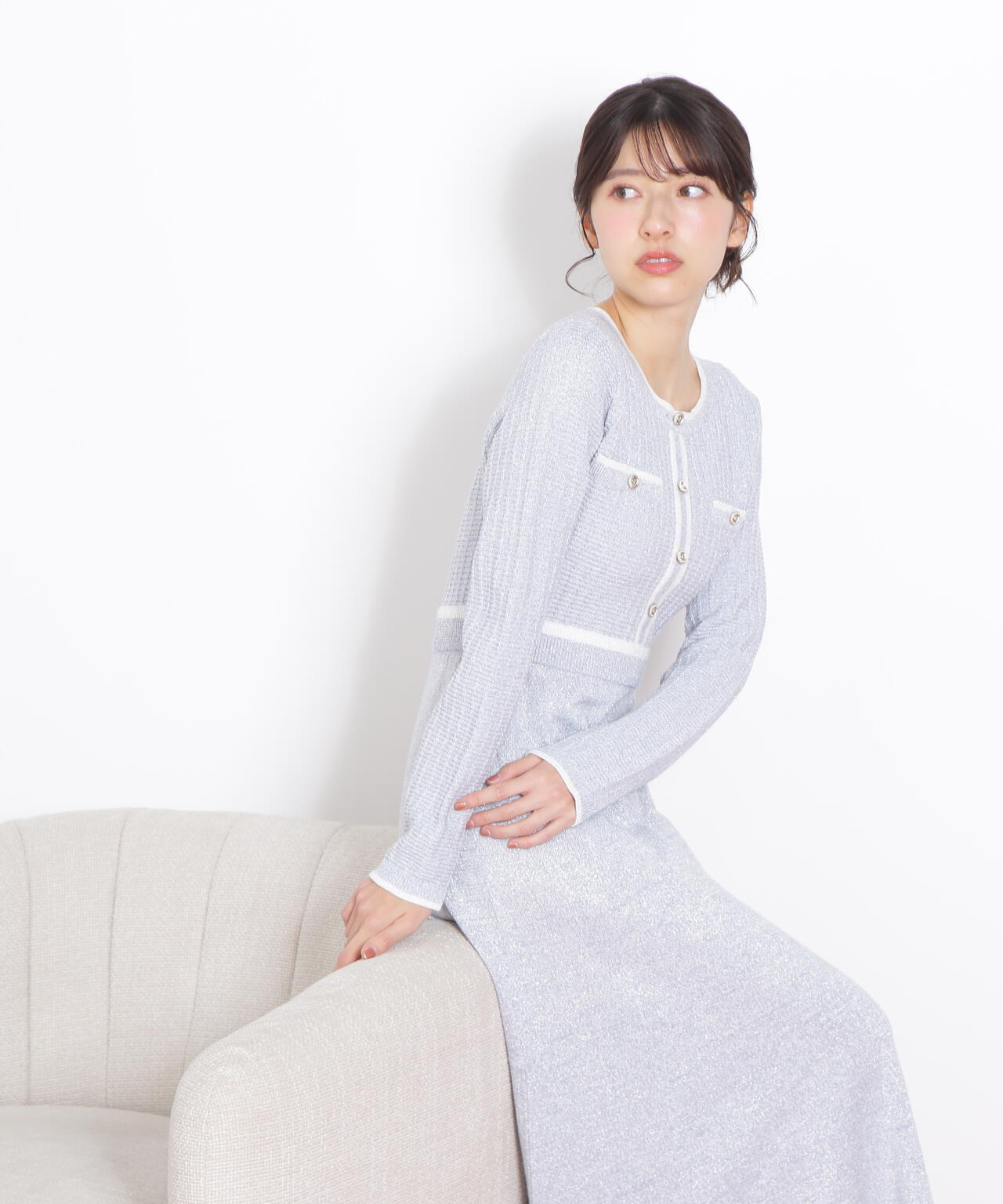 ラメツイード配色ニットワンピース