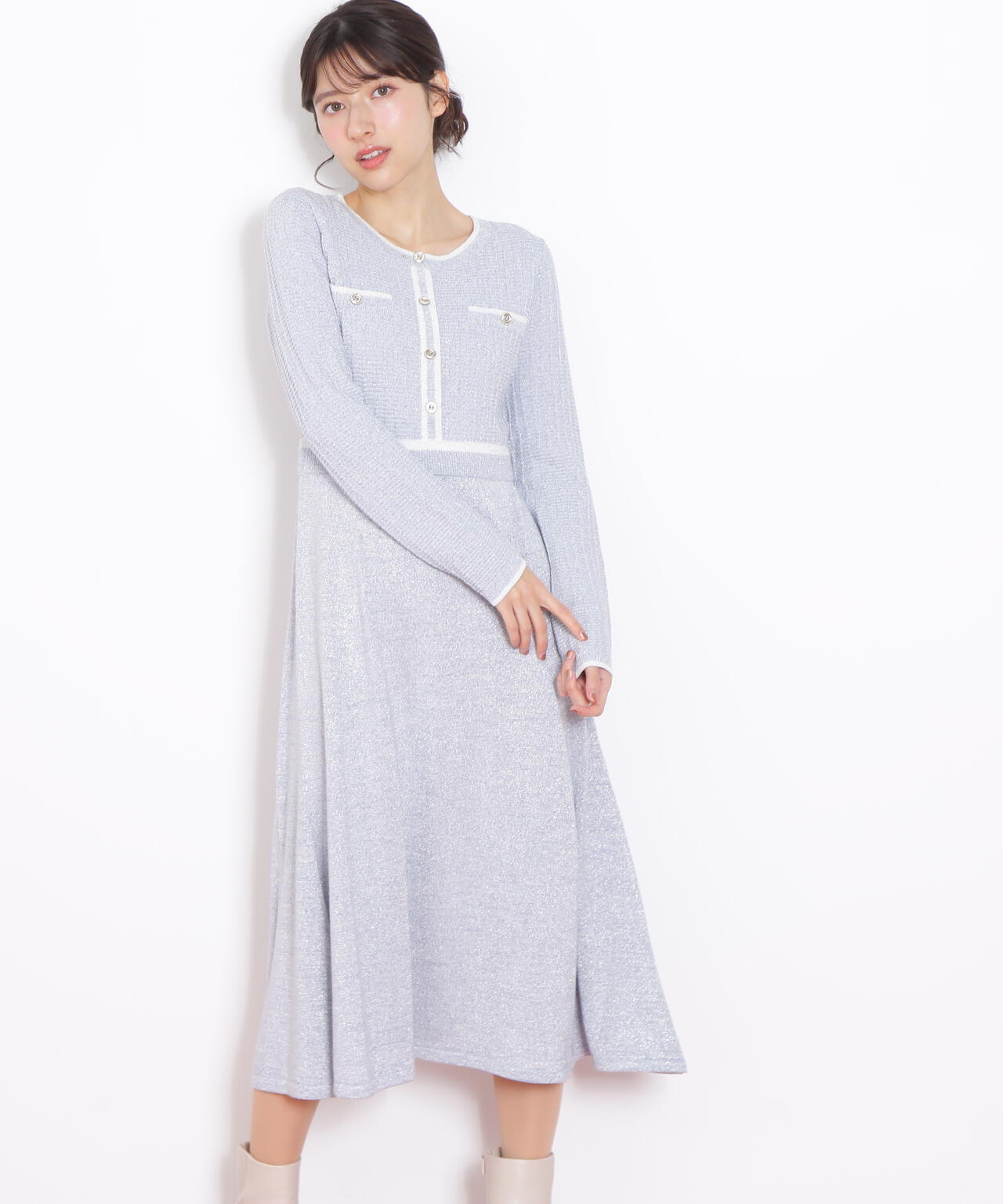 ラメツイード配色ニットワンピース