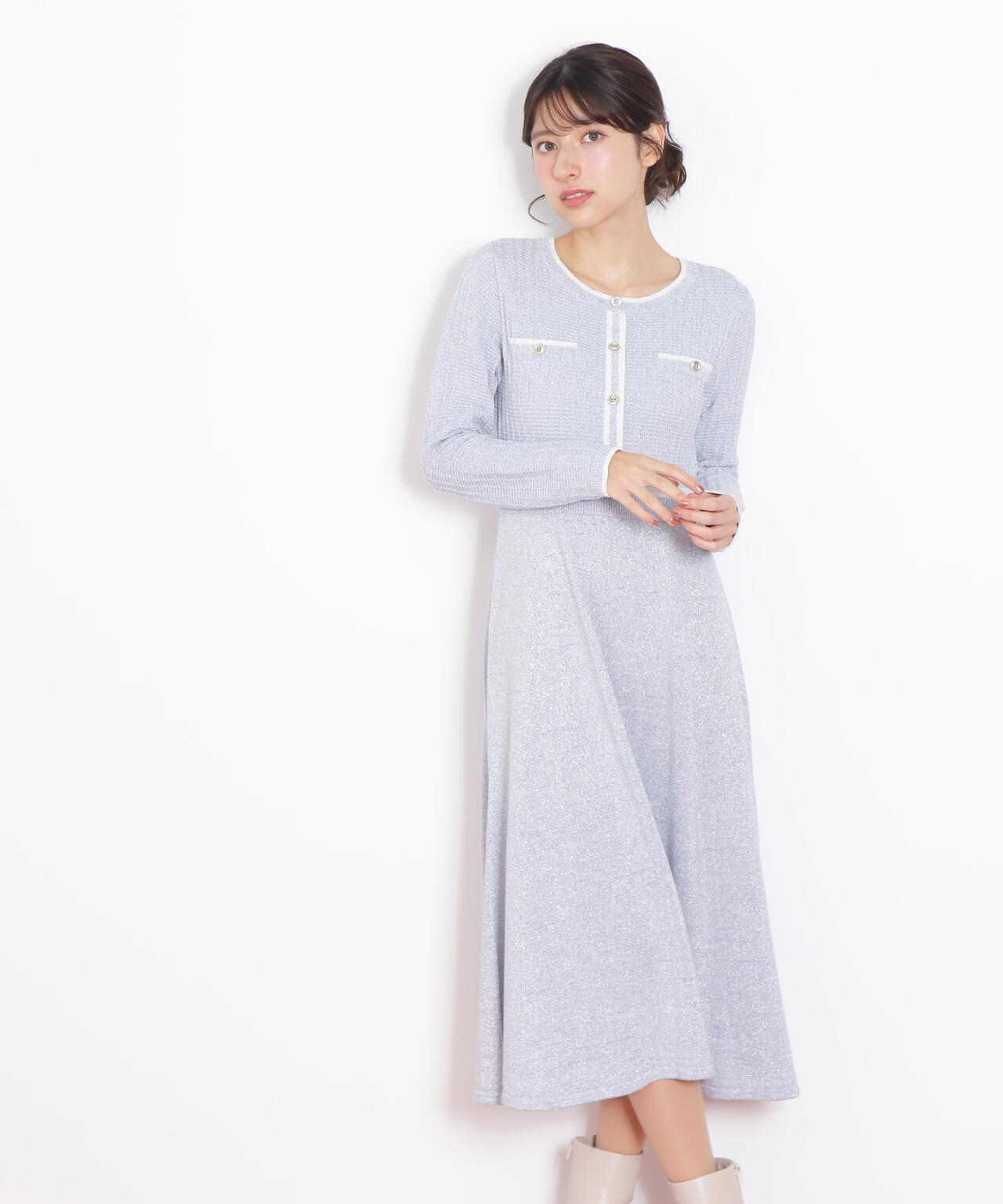 ラメツイード配色ニットワンピース