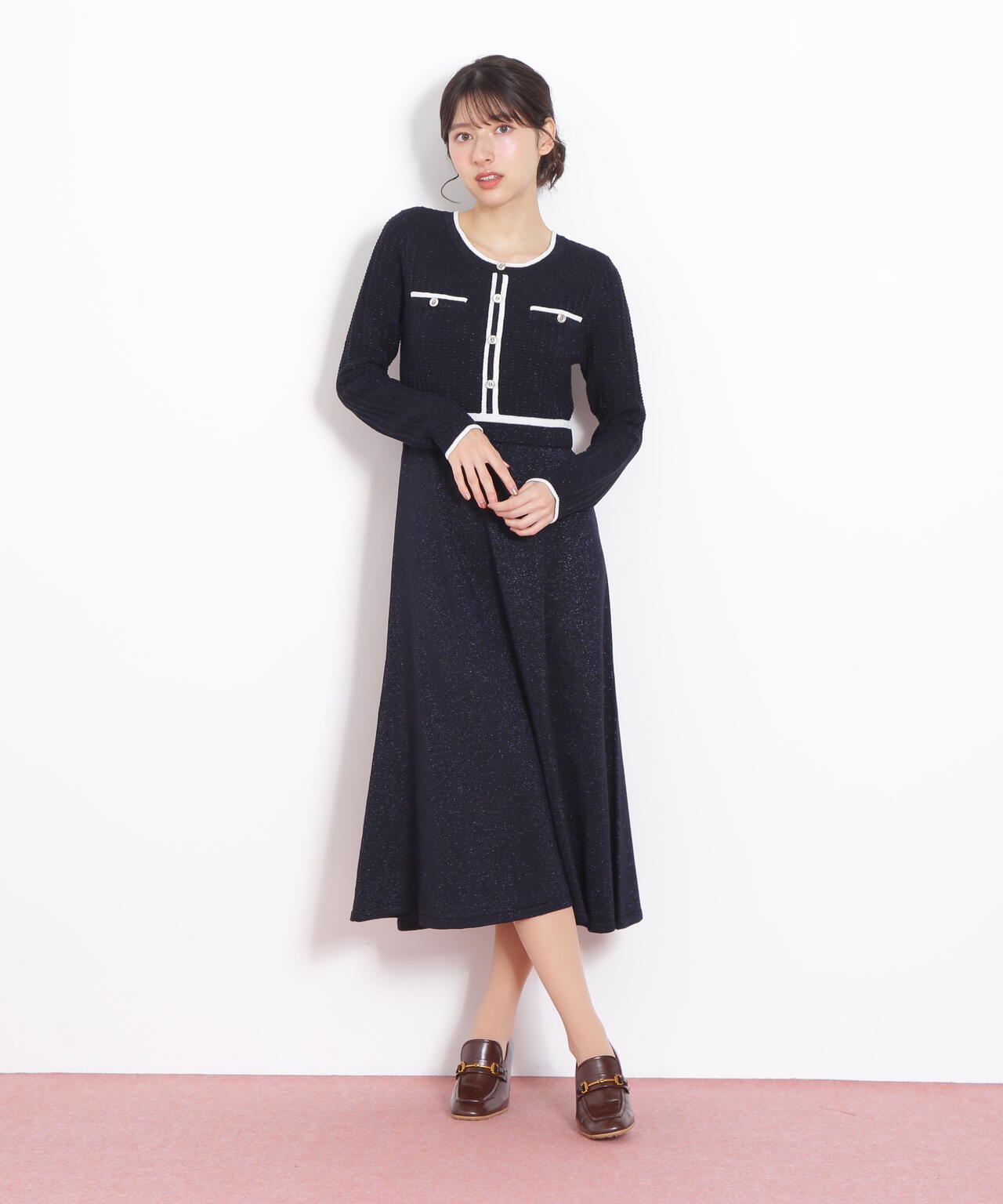 ラメツイード配色ニットワンピース