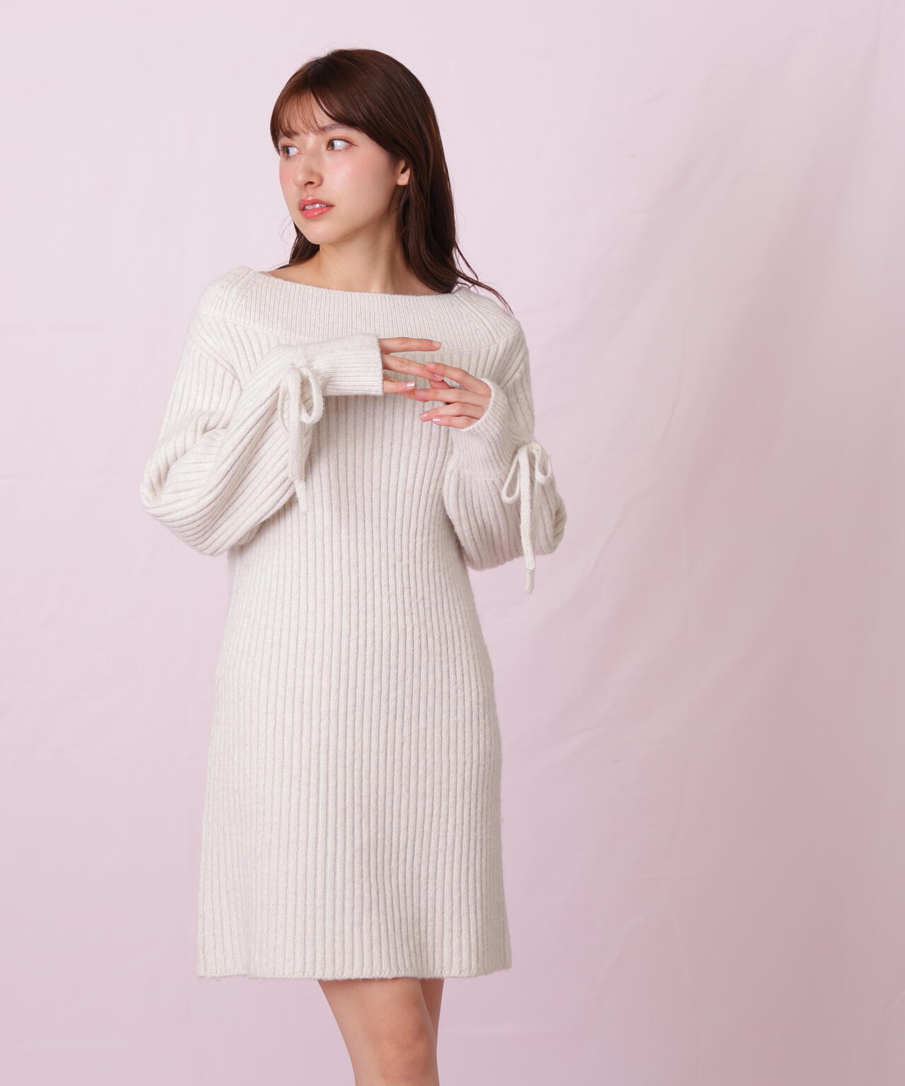 袖リボンニットワンピース