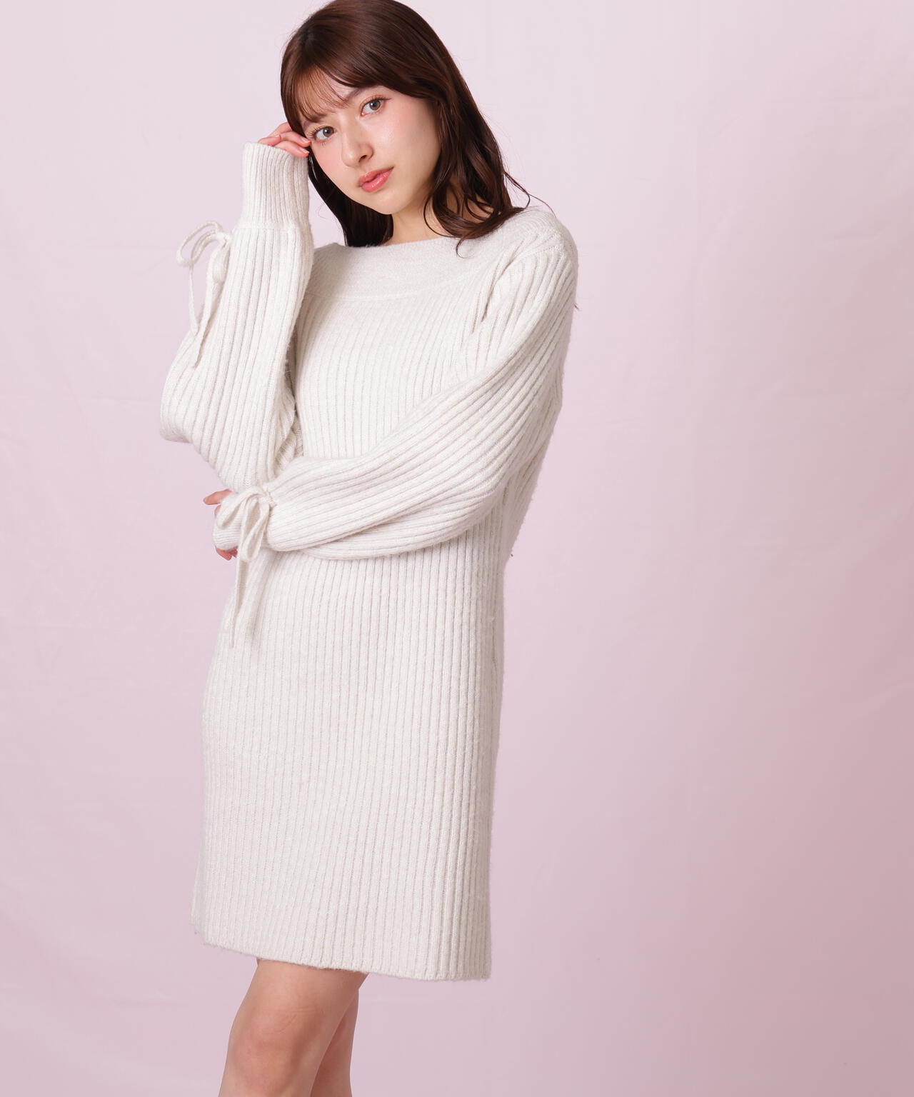 袖リボンニットワンピース
