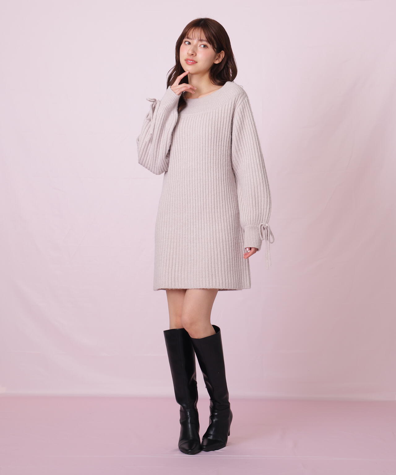 袖リボンニットワンピース