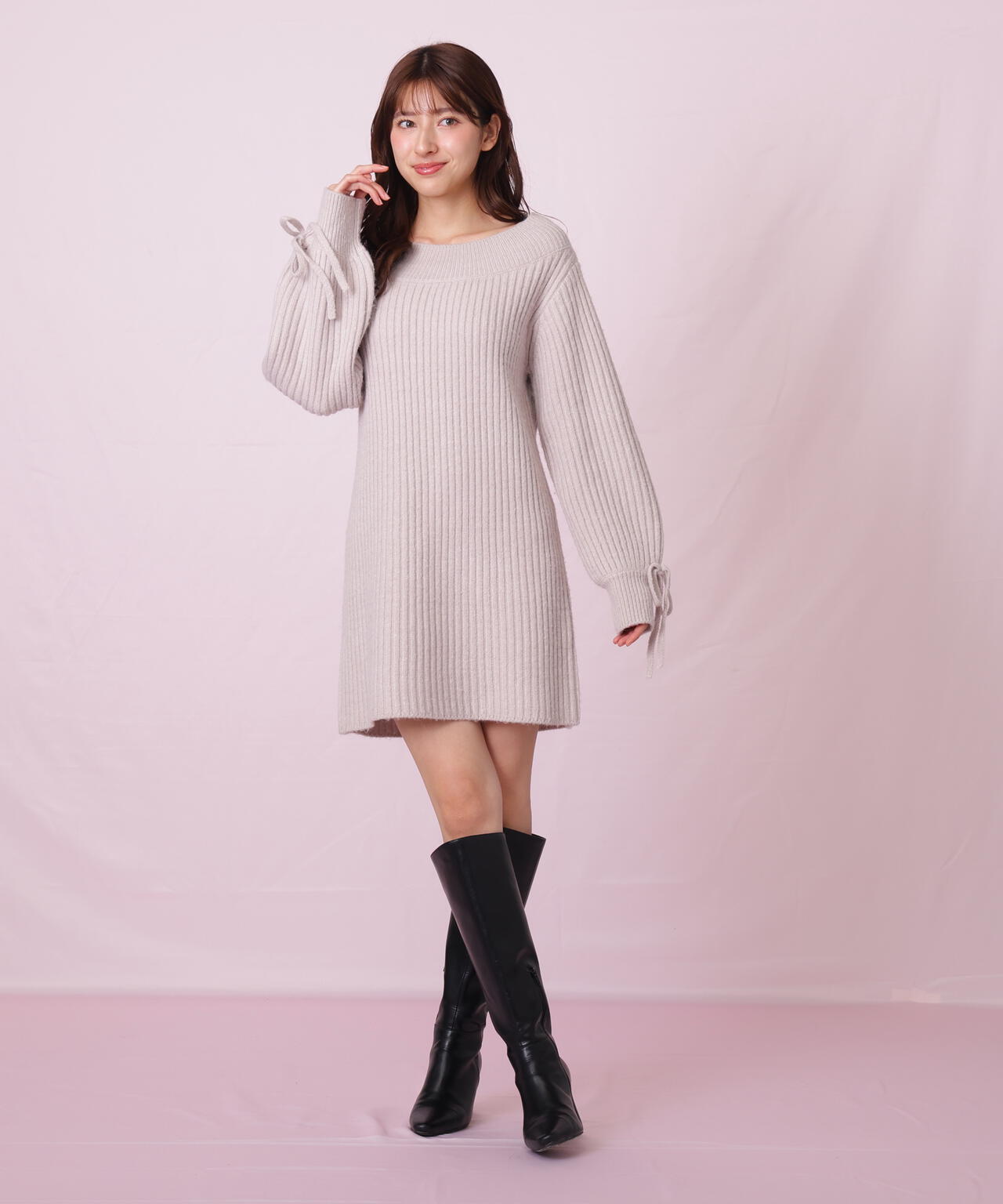 袖リボンニットワンピース