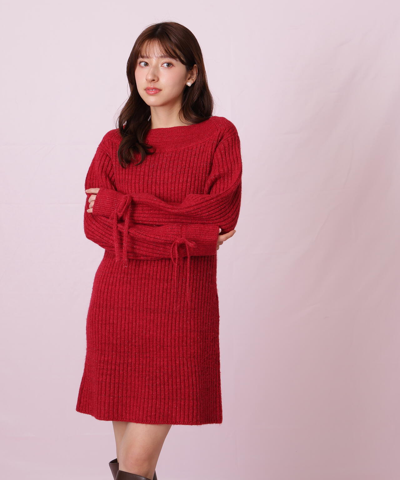 袖リボンニットワンピース